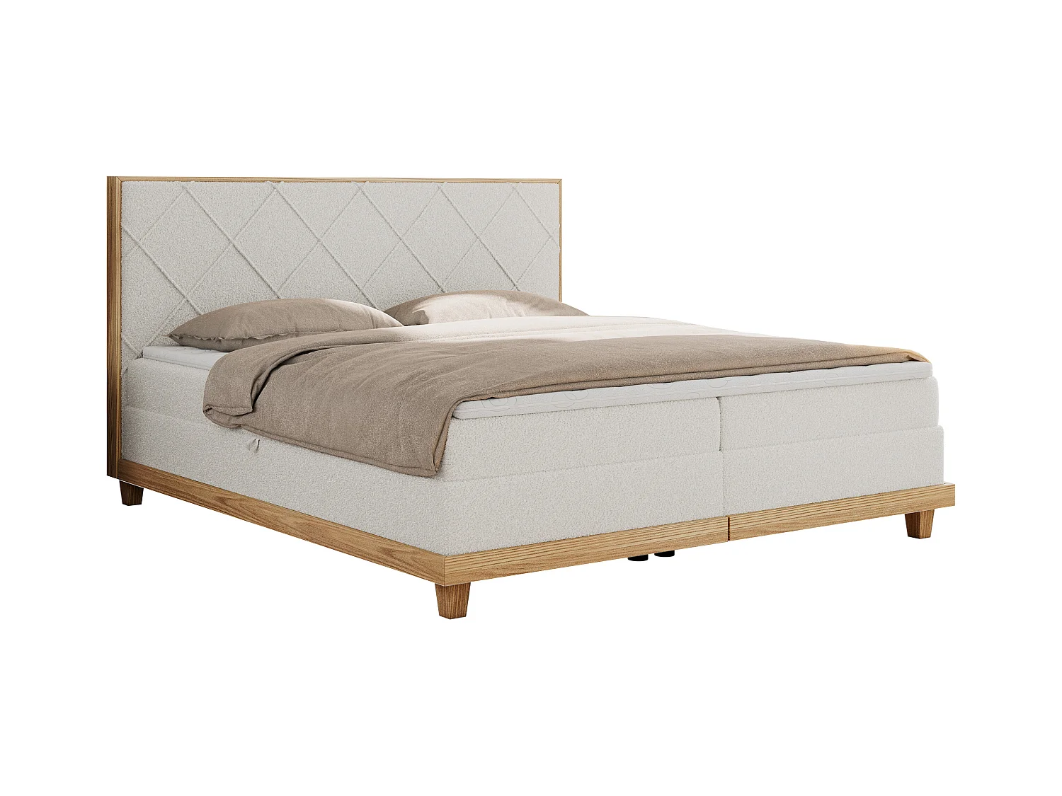 Boxspringbett CAICOS - mit gestepptem Kopfteil, Multipocket-Matratze und Topper, Holzelementen - 180x200 cm - H4 - Weiß Boucle