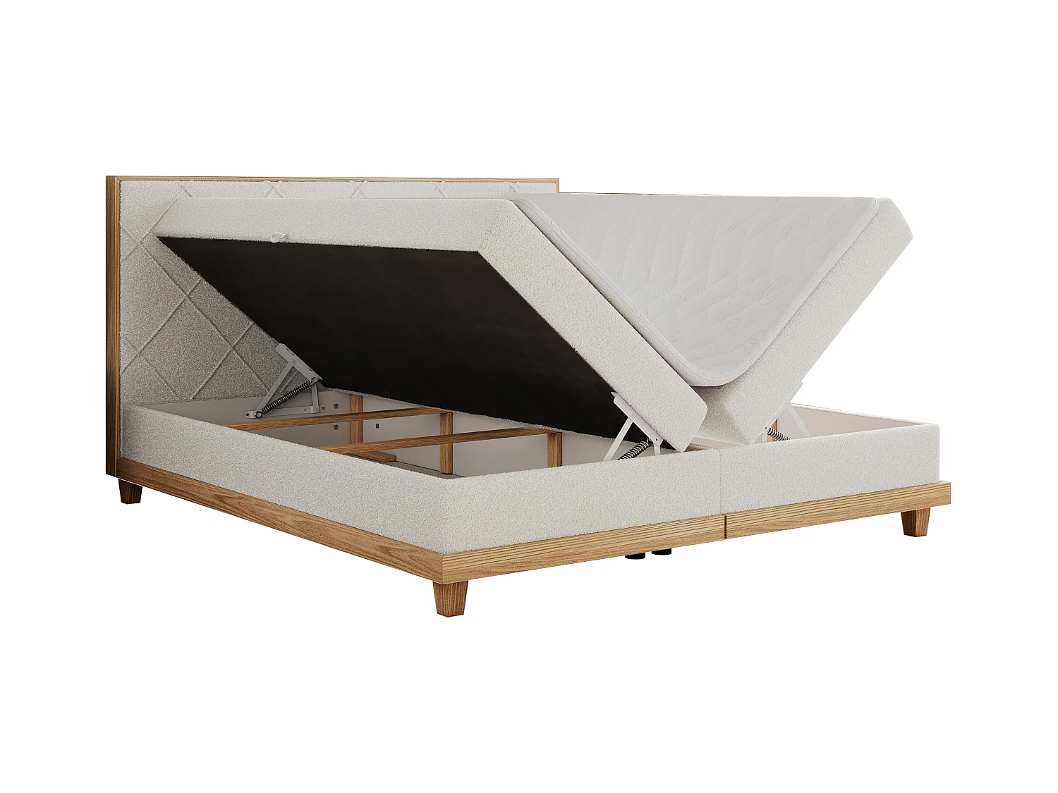 Boxspringbett CAICOS - mit gestepptem Kopfteil, Multipocket-Matratze und Topper, Holzelementen - 180x200 cm - H4 - Weiß Boucle