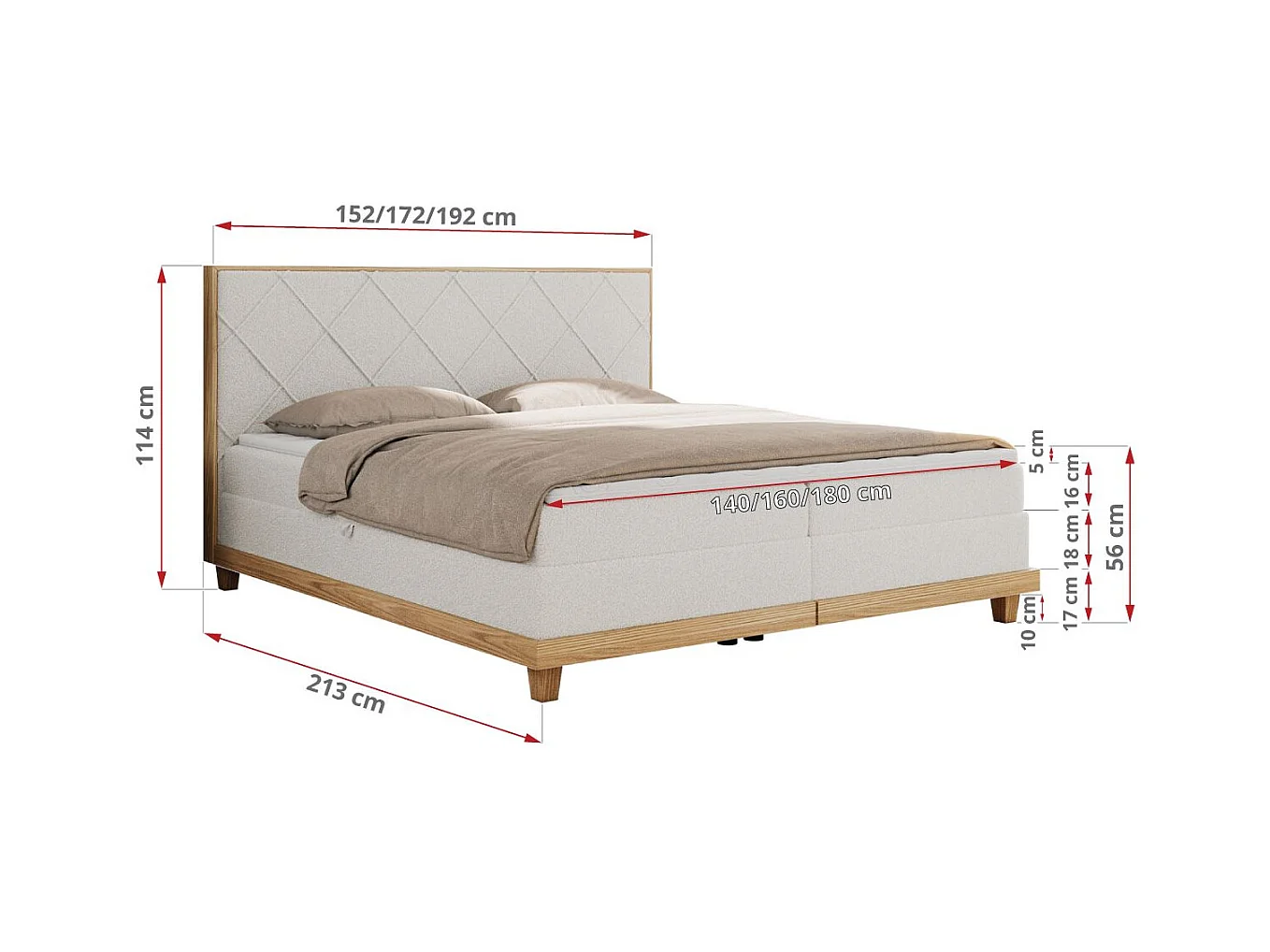 Boxspringbett CAICOS - mit gestepptem Kopfteil, Multipocket-Matratze und Topper, Holzelementen - 180x200 cm - H4 - Weiß Boucle