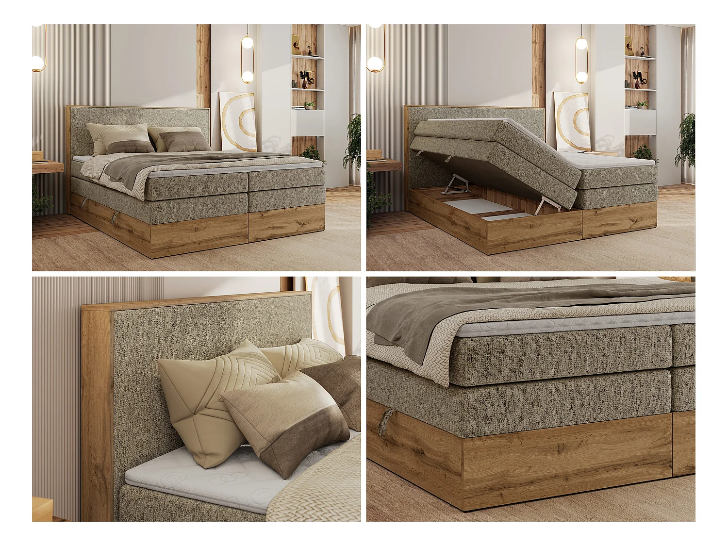 Boxspringbett WOOD CLASSIC KING - Polsterbett mit hohe Kopfteil, zwei Multipocket-Matratze, Bettkästen - 160x200 cm - H3 - Dunkelbeige Strukture