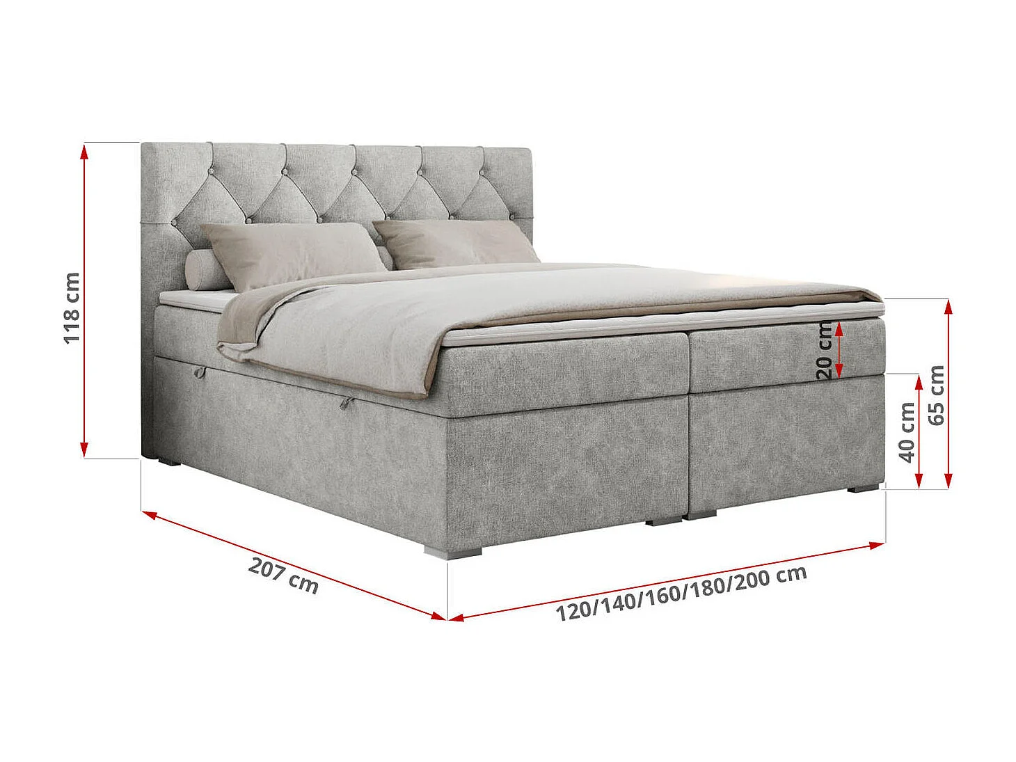 Boxspringbett ALDA - Doppelbett mit gestepptem Kopfteil, Multipocket-Matratze und Topper, zwei Bettkästen - 160x200 cm - H3 - Hellgrau Strukture