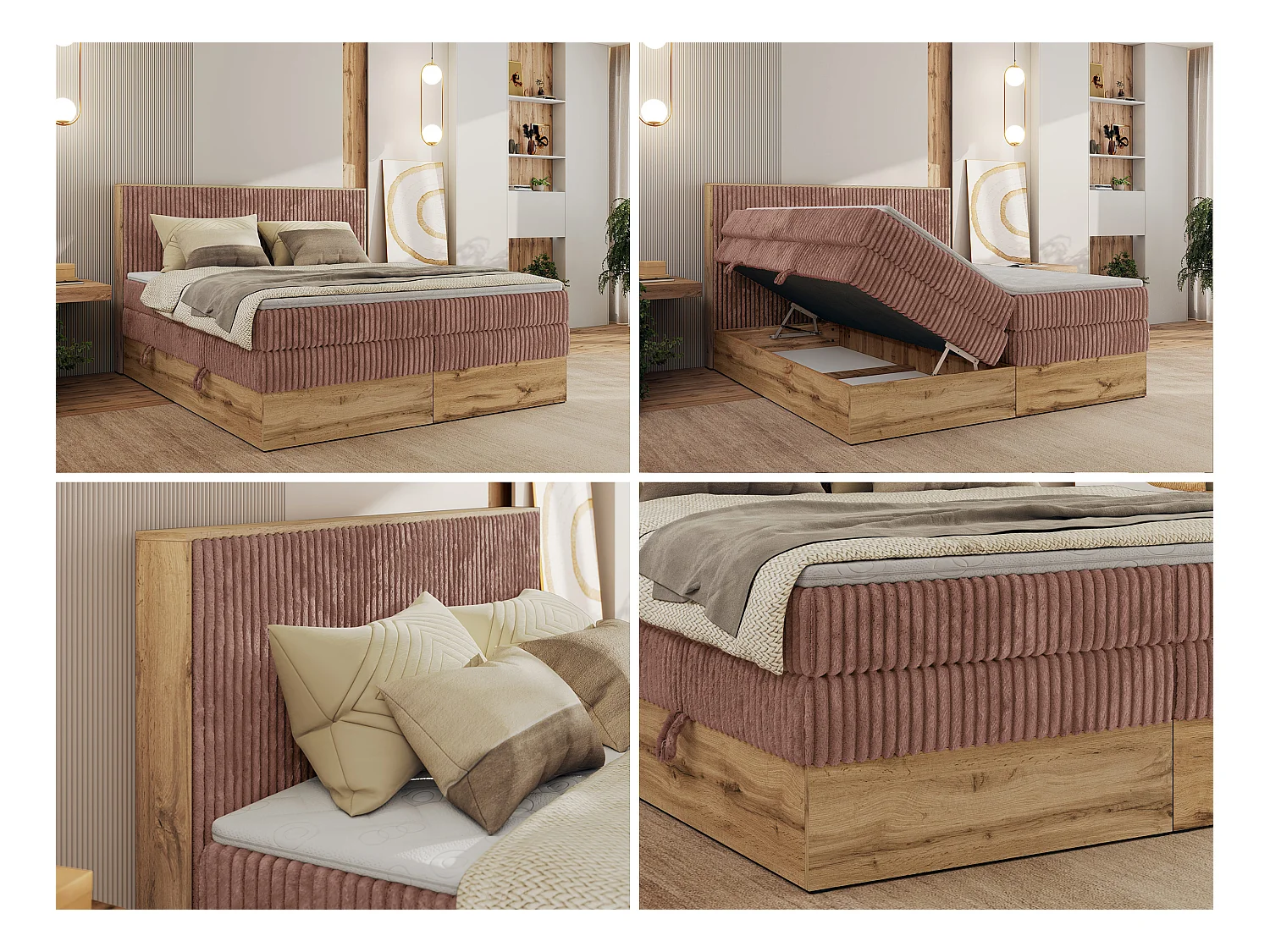 Boxspringbett WOOD CLASSIC KING - Polsterbett mit hohe Kopfteil, zwei Multipocket-Matratze, Bettkästen - 140x200 cm - H4 - Rosa Cord