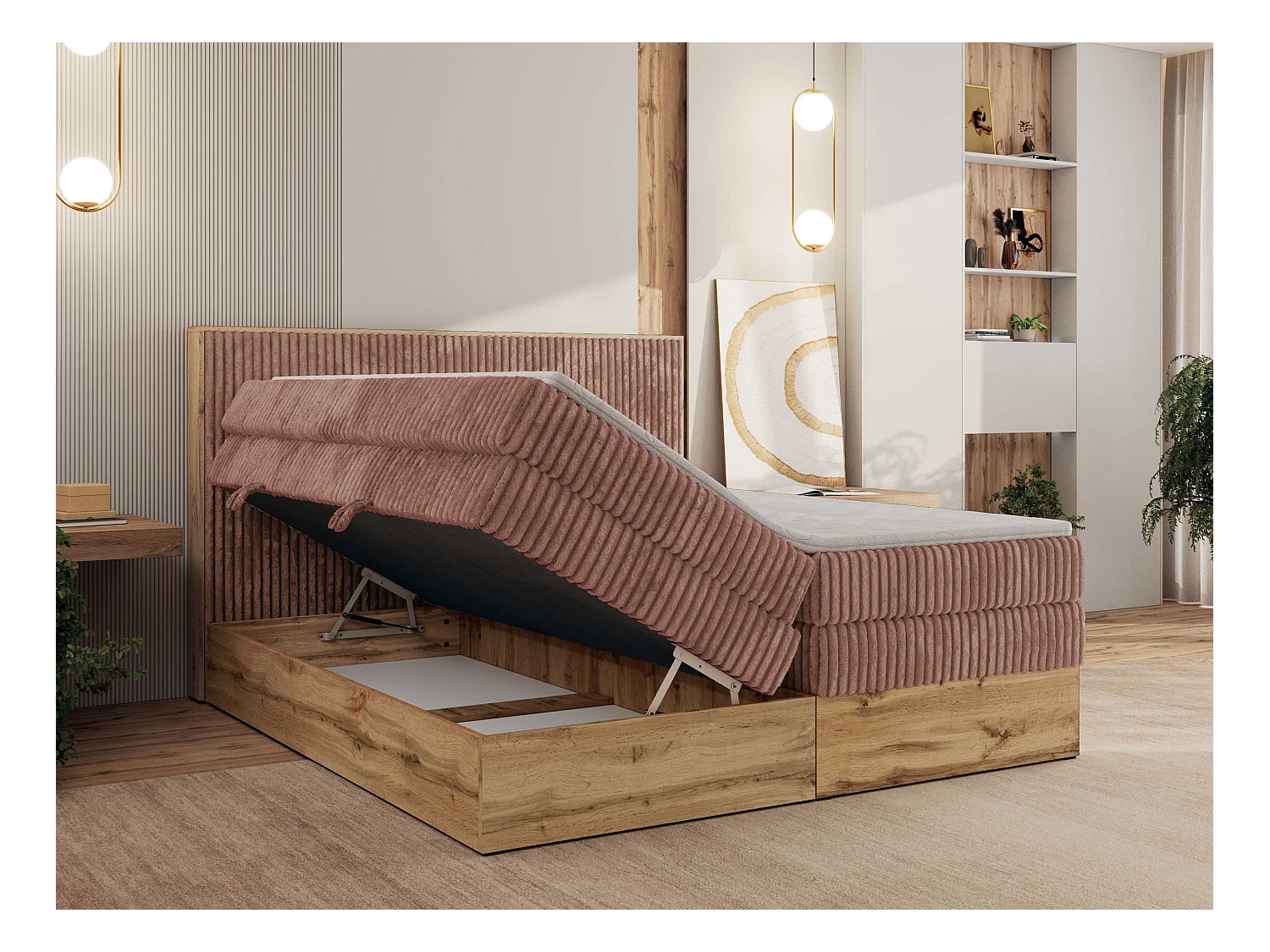 Boxspringbett WOOD CLASSIC KING - Polsterbett mit hohe Kopfteil, zwei Multipocket-Matratze, Bettkästen - 140x200 cm - H4 - Rosa Cord