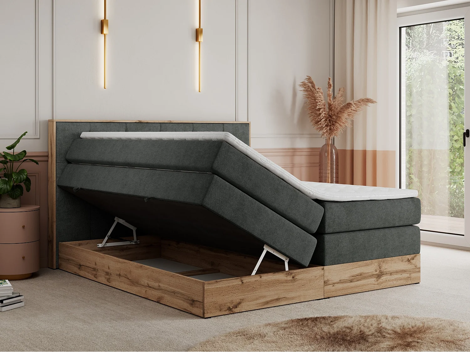 Boxspringbett VENETO KING - Polsterbett mit Multipocket-Matratzen und Kopfteil, Holzrahmen, zwei Bettkästen - 160x200 cm - H3 - Dunkelgrau Strukture