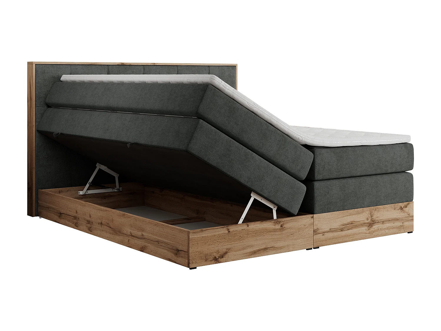 Boxspringbett VENETO KING - Polsterbett mit Multipocket-Matratzen und Kopfteil, Holzrahmen, zwei Bettkästen - 160x200 cm - H3 - Dunkelgrau Strukture
