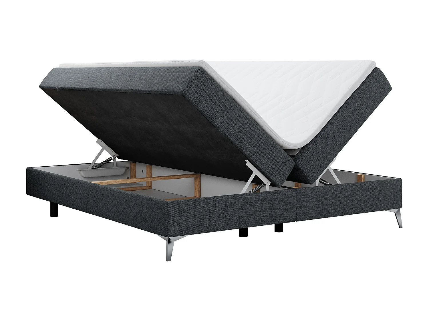Boxspringbett LESS - Doppelbett mit zwei Bettkästen, 7 Härtezonen Multipocket-Matratzen, hohe Metallbeine - 140x200 cm - H4 - Dunkelgrau Strukture