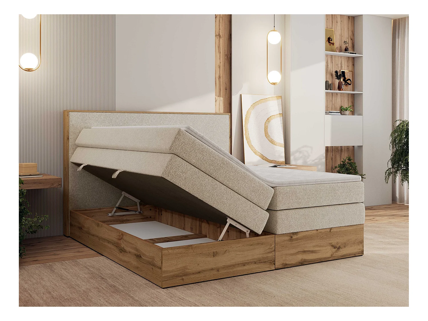 Boxspringbett WOOD CLASSIC KING - Polsterbett mit hohe Kopfteil, zwei Multipocket-Matratze, Bettkästen - 160x200 cm - H4 - Creme Strukture