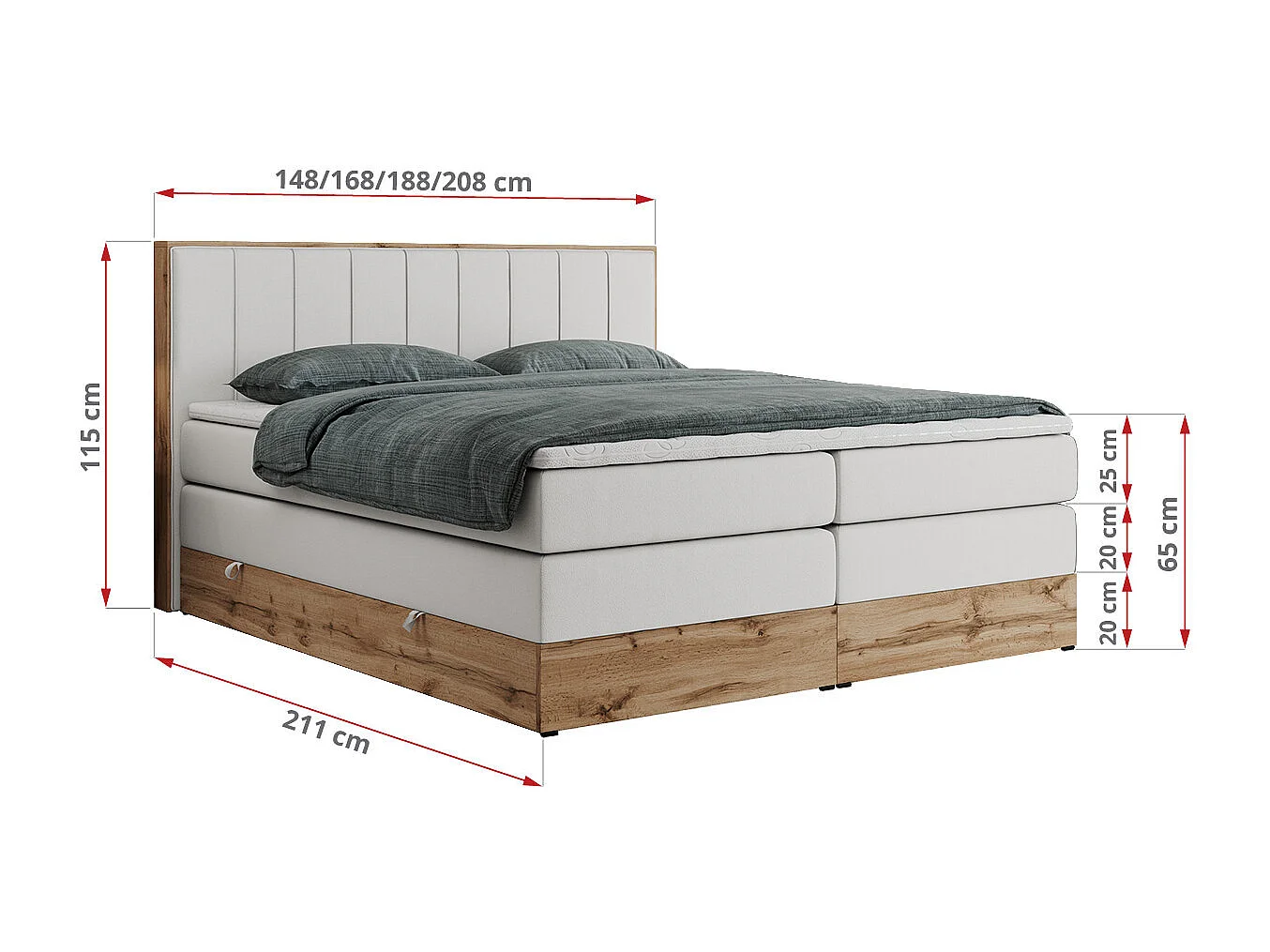 Boxspringbett BELLISSIMO KING - für Schlafzimmer, zwei Multipocket-Matratzen, Set mit Kopfteil und Topper, Holzrahmen - 200x200 cm - H3 - Weiß Kunstleder