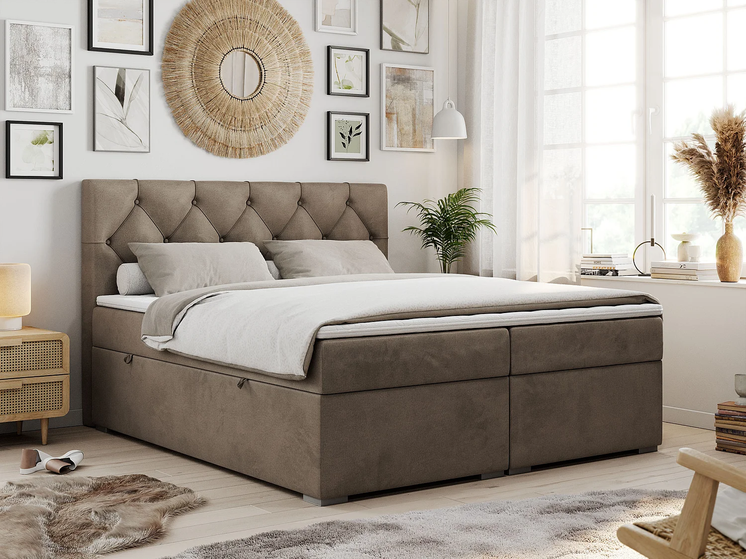 Boxspringbett ALDA - Doppelbett mit gestepptem Kopfteil, Multipocket-Matratze und Topper, zwei Bettkästen - 180x200 cm - H4 - Braun Velvet