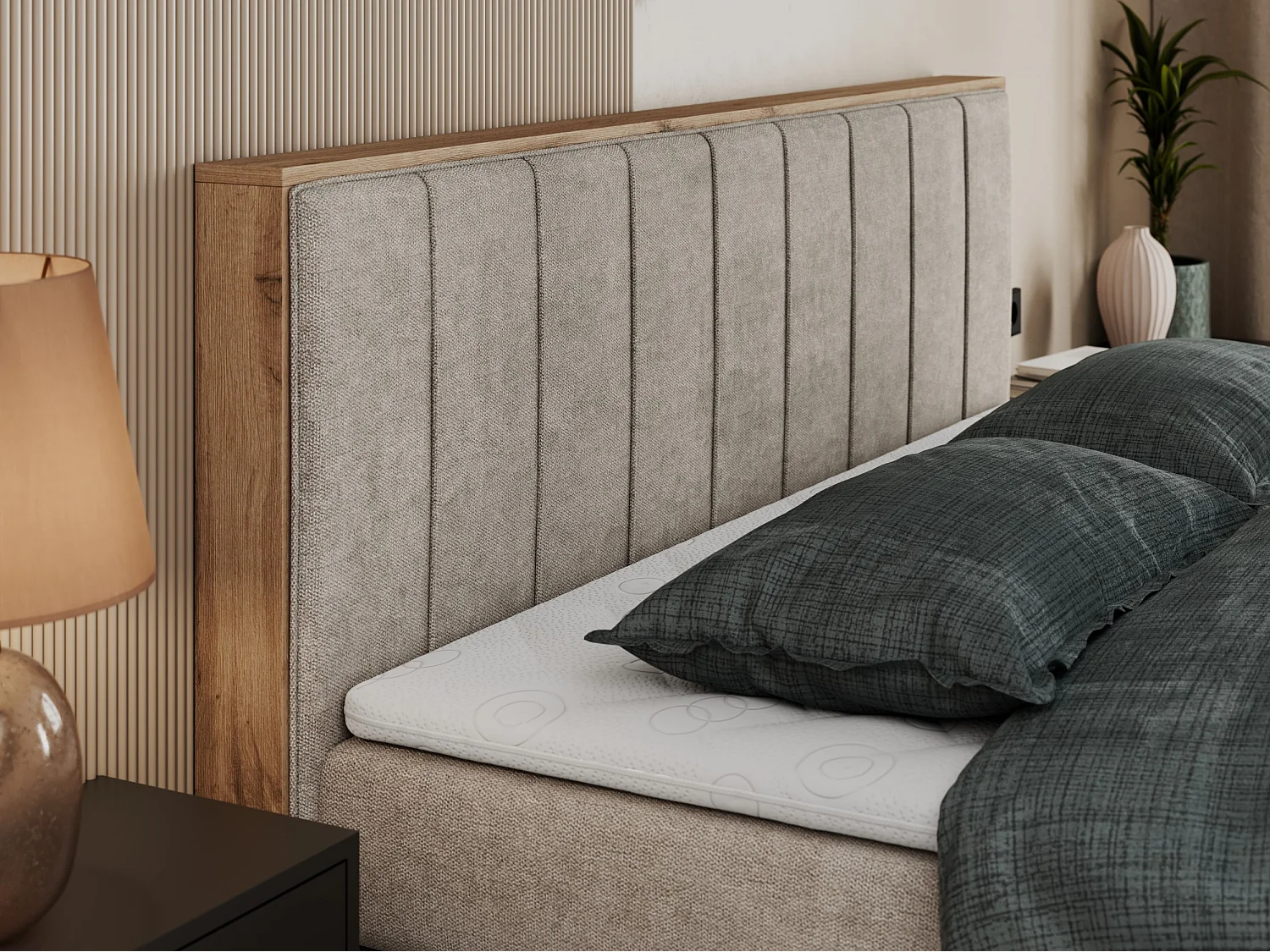 Boxspringbett BELLISSIMO KING - für Schlafzimmer, zwei Multipocket-Matratzen, Set mit Kopfteil und Topper, Holzrahmen - 180x200 cm - H3 - Beige Strukture