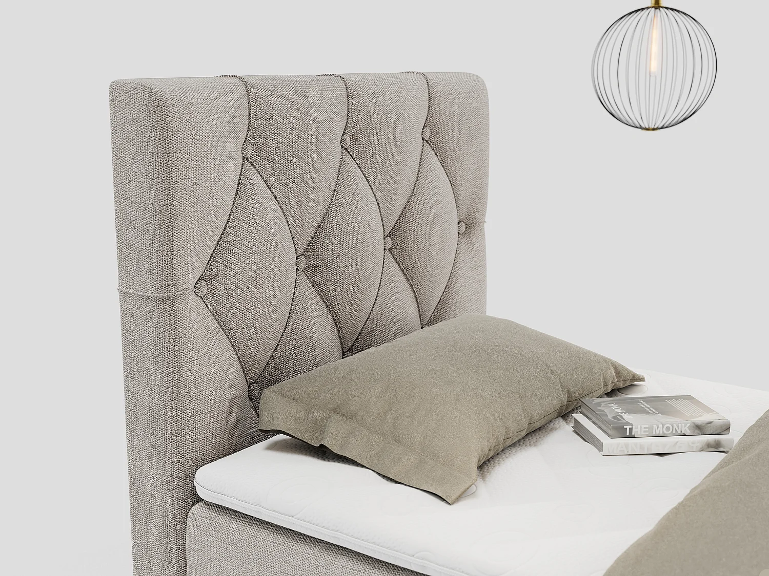 Boxspringbett ALDA - Einzelbett mit gestepptem Kopfteil, Multipocket-Matratze und Topper, Bettkasten - 90x200 cm - H4 - Beige Strukture - Links Seite