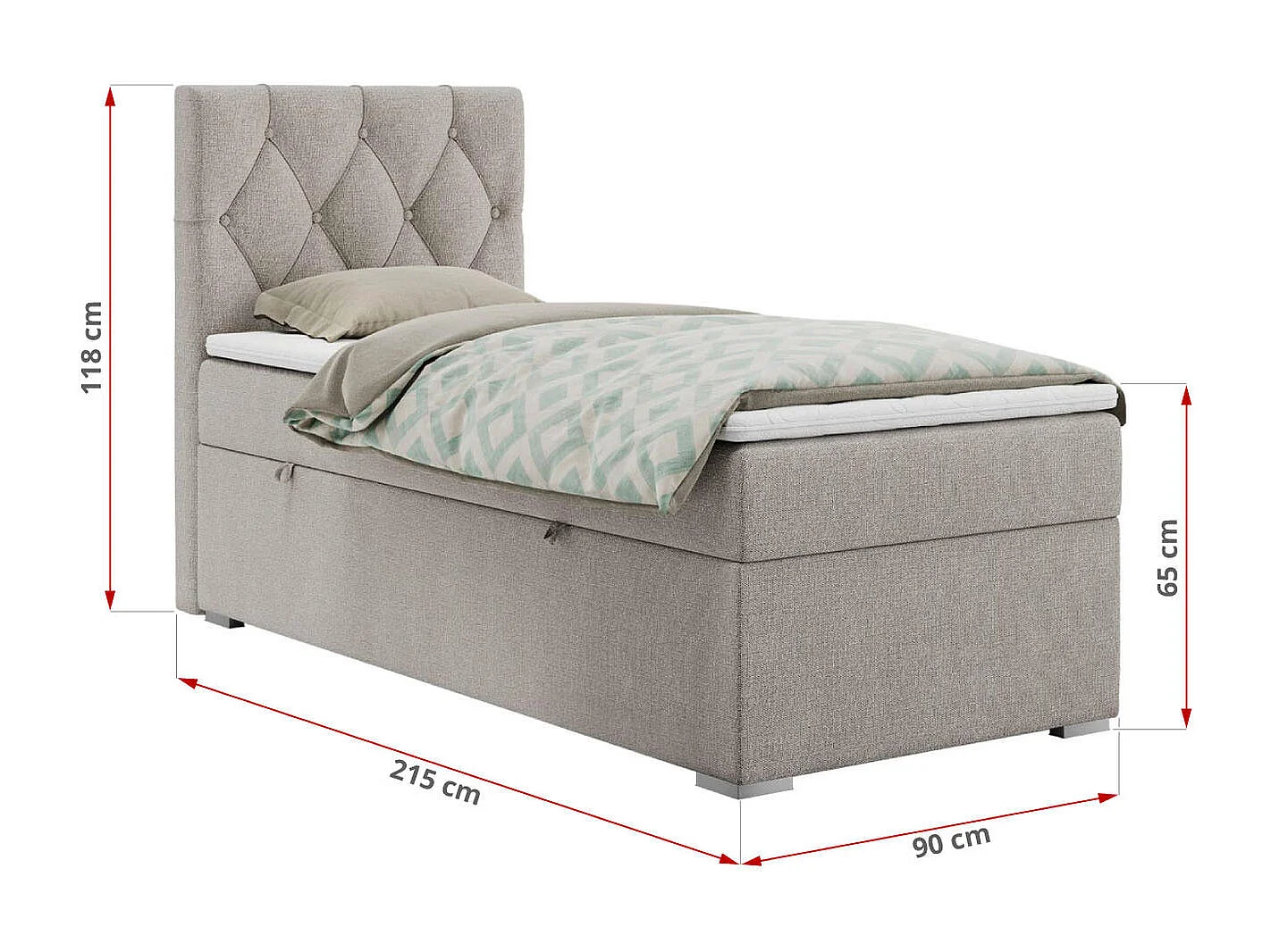 Boxspringbett ALDA - Einzelbett mit gestepptem Kopfteil, Multipocket-Matratze und Topper, Bettkasten - 90x200 cm - H4 - Beige Strukture - Links Seite