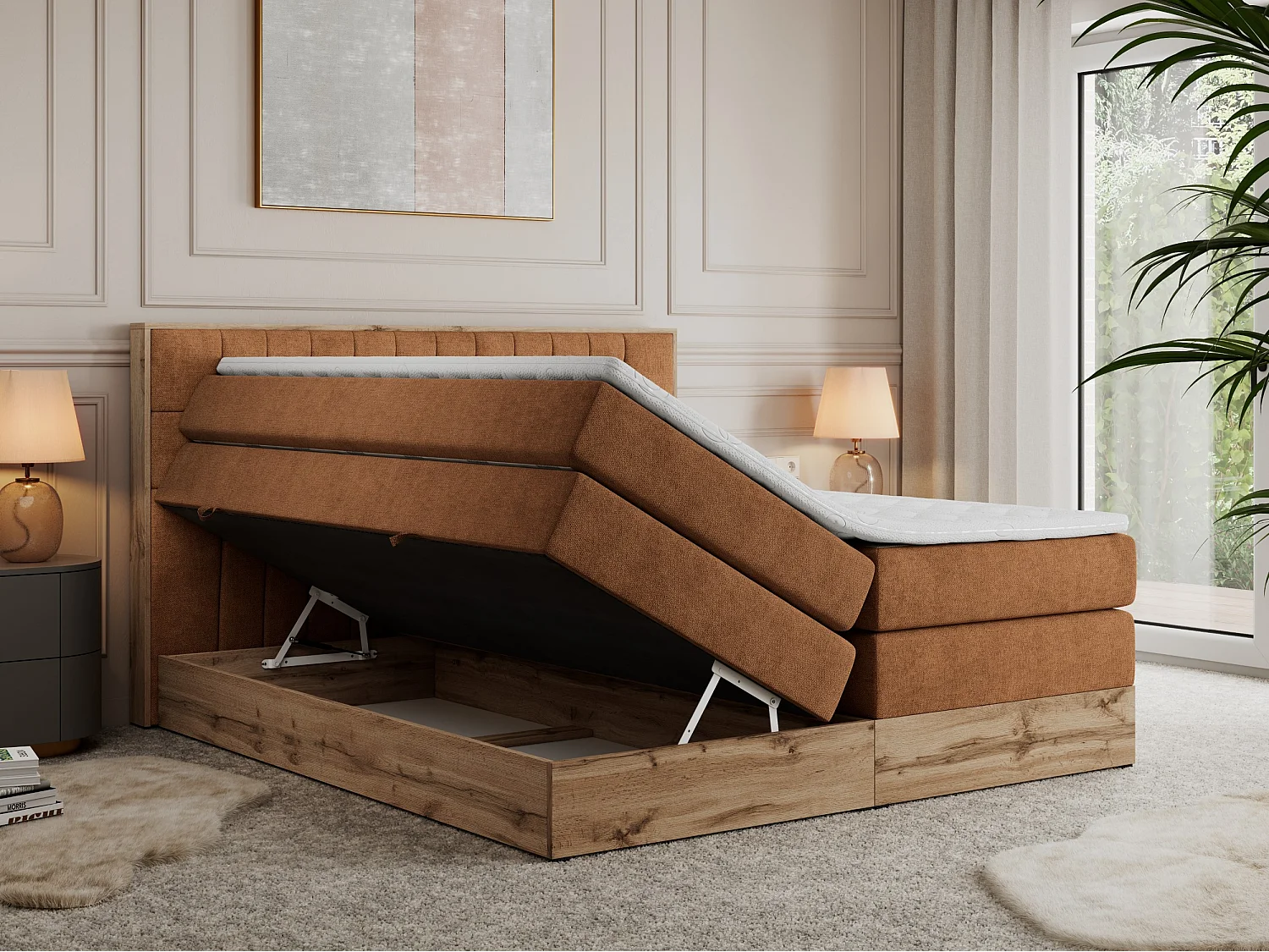 Boxspringbett AMORE KING - gesteppte Kopfstütze, Polsterbett mit zwei Multipocket-Matratzen, Holzrahmen - 180x200 cm - H3 - Orange Strukture