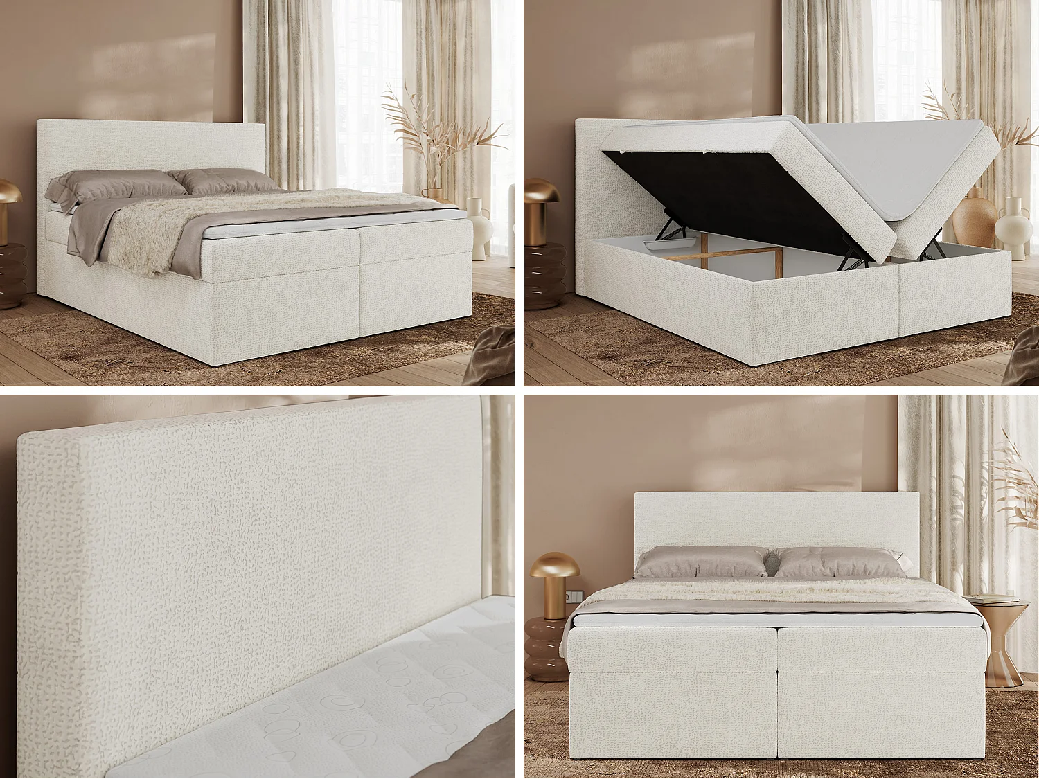 Boxspringbett JAGUAR - Doppelbett mit Multipocket-Matratze und Topper, Struktur dekostoff, zwei Bettkästen - 160x200 cm - H3 - Creme Struktur