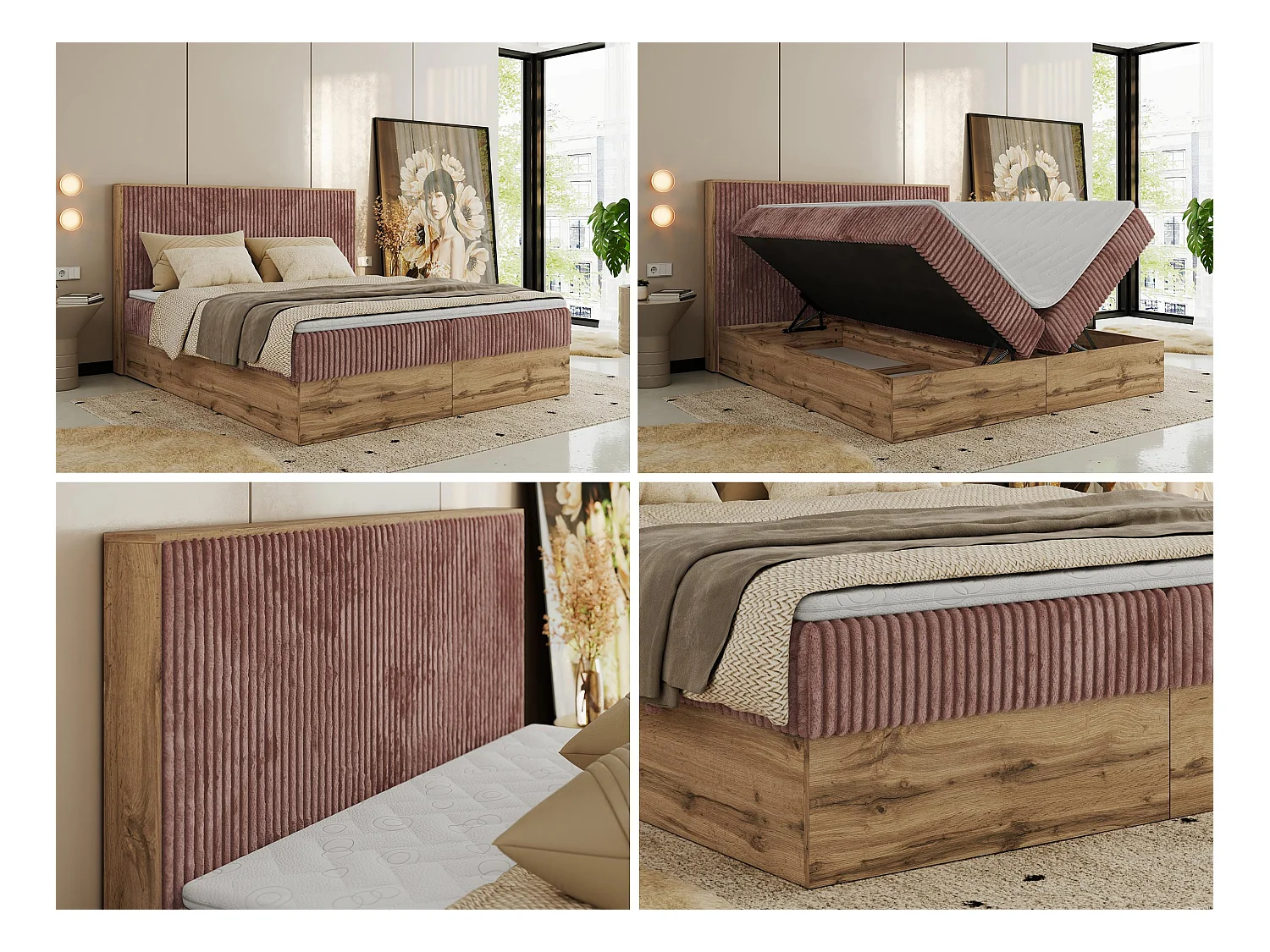 Boxspringbett WOOD CLASSIC - Doppelbett für Schlafzimmer, Set mit Multipocket-Matratze, Holzrahmen - 160x200 cm - H3 - Rosa Cord