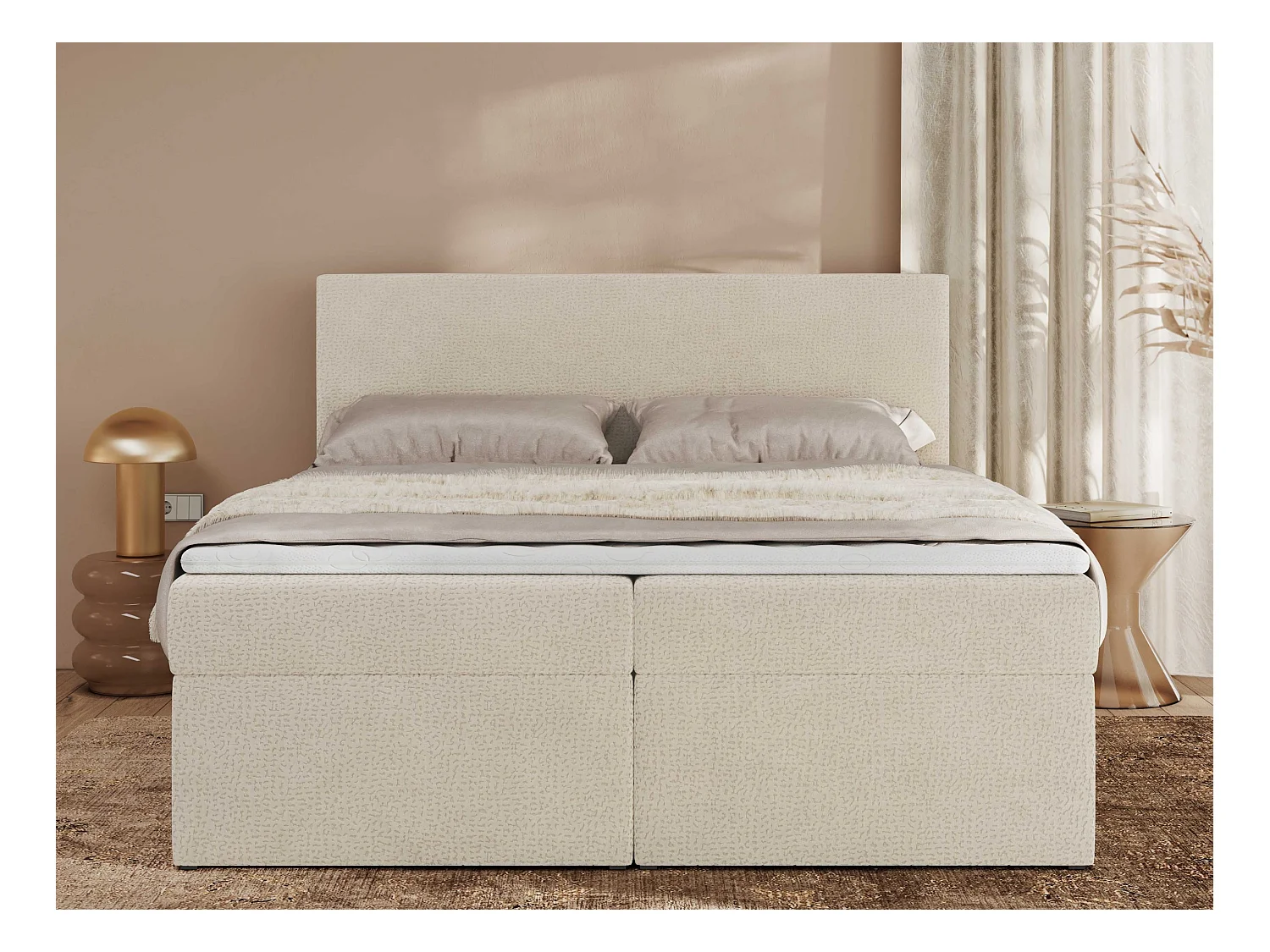 Boxspringbett JAGUAR - Doppelbett mit Multipocket-Matratze und Topper, Struktur dekostoff, zwei Bettkästen - 160x200 cm - H4 - Hellbeige Struktur