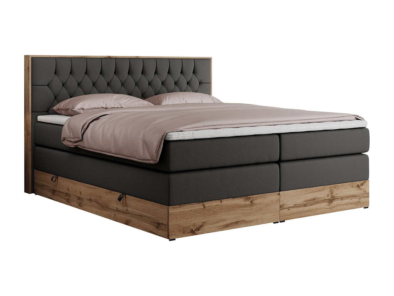Boxspringbett AMORE KING - gesteppte Kopfstütze, Polsterbett mit zwei Multipocket-Matratzen, Holzrahmen - 140x200 cm - H4 - Dunkelgrau Kunstleder