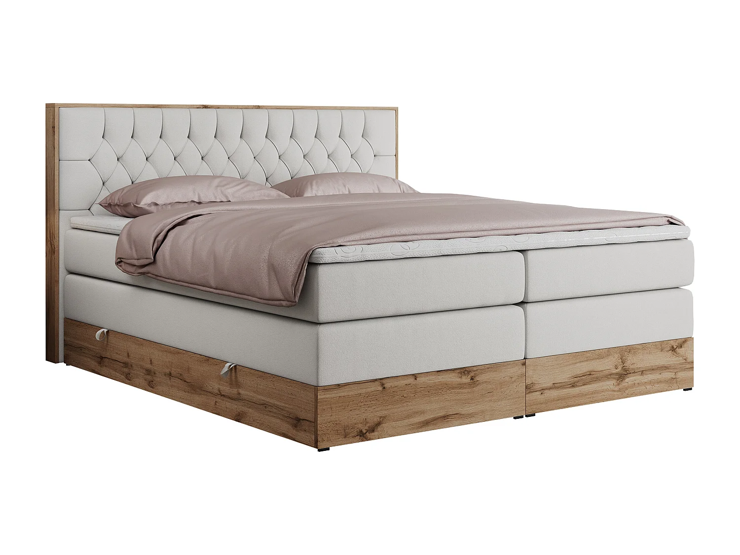 Boxspringbett AMORE KING - gesteppte Kopfstütze, Polsterbett mit zwei Multipocket-Matratzen, Holzrahmen - 160x200 cm - H3 - Weiß Kunstleder