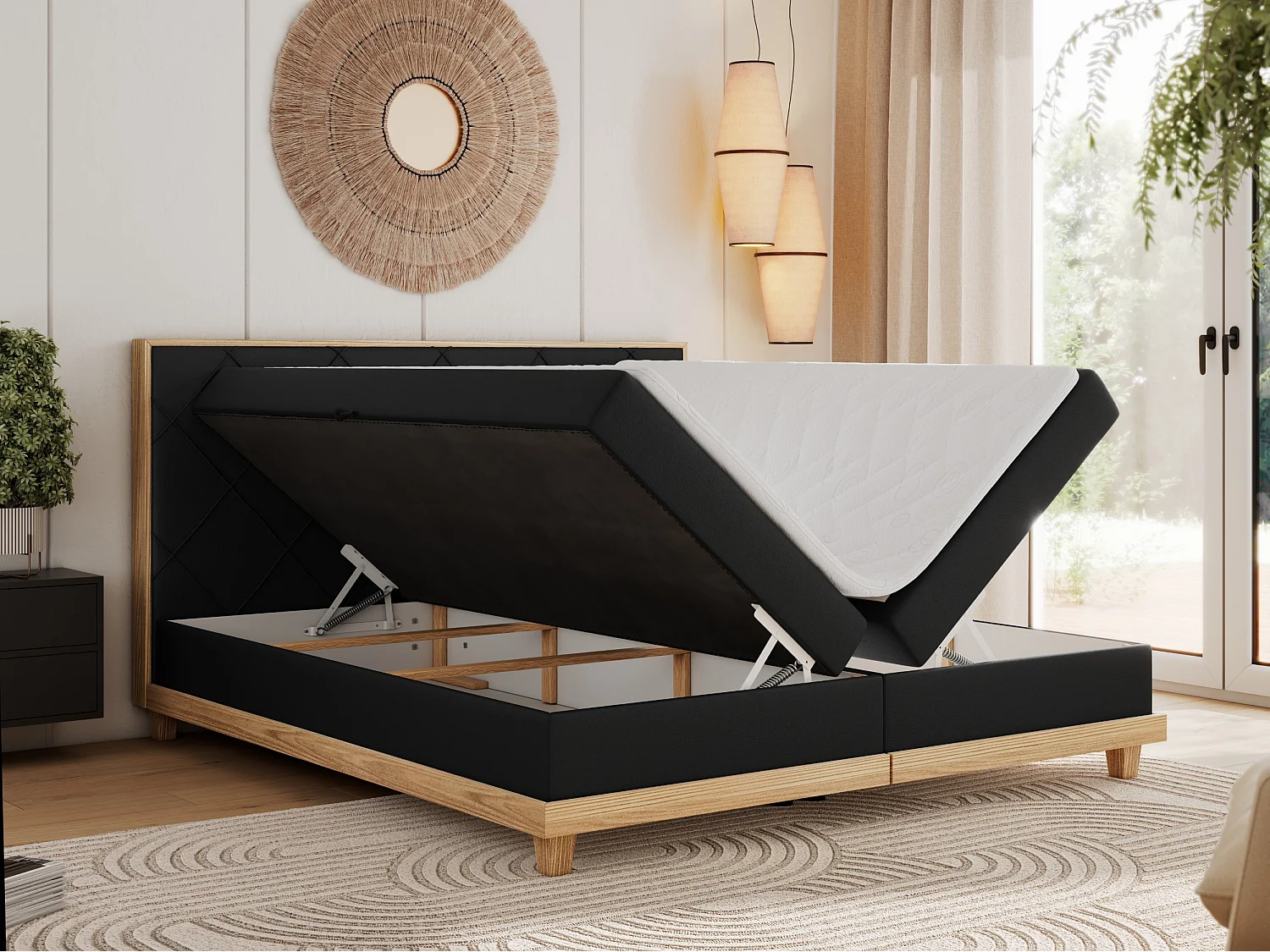 Boxspringbett CAICOS - mit gestepptem Kopfteil, Multipocket-Matratze und Topper, Holzelementen - 160x200 cm - H3 - Schwarz Kunstleder