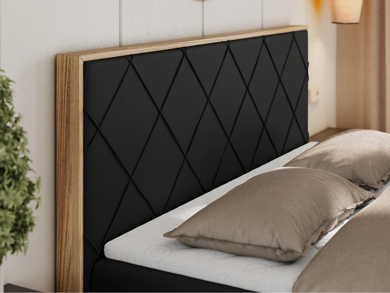 Boxspringbett CAICOS - mit gestepptem Kopfteil, Multipocket-Matratze und Topper, Holzelementen - 160x200 cm - H3 - Schwarz Kunstleder