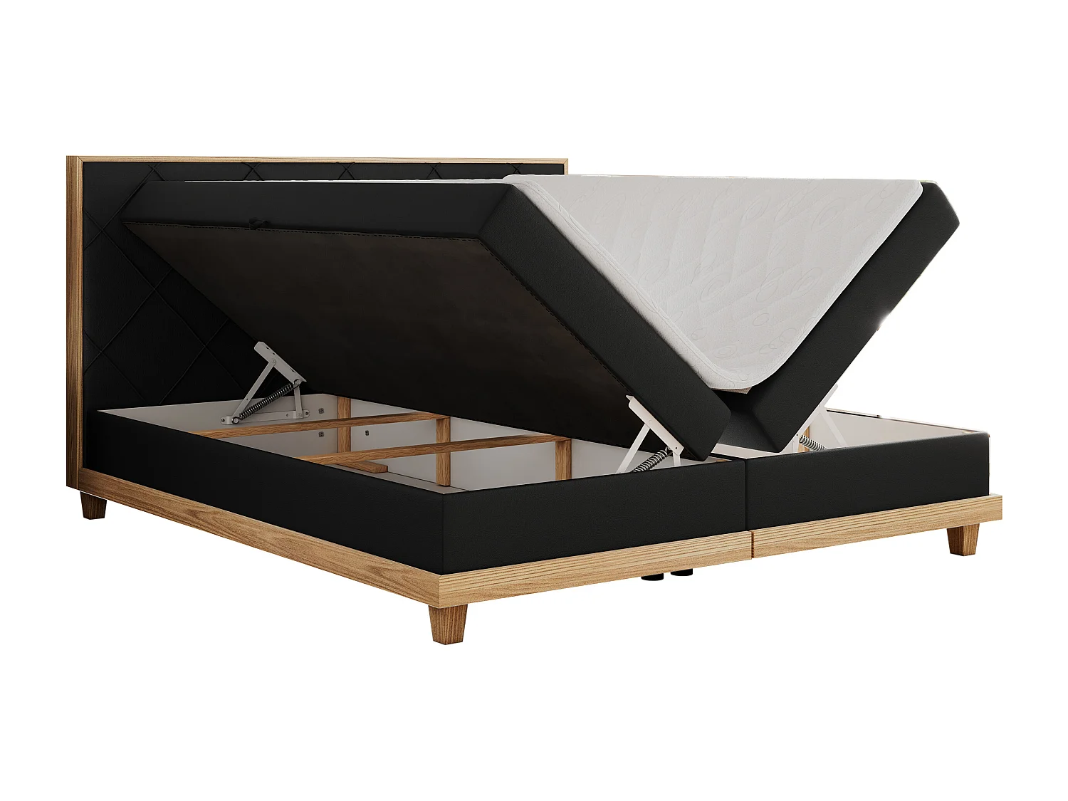 Boxspringbett CAICOS - mit gestepptem Kopfteil, Multipocket-Matratze und Topper, Holzelementen - 160x200 cm - H3 - Schwarz Kunstleder