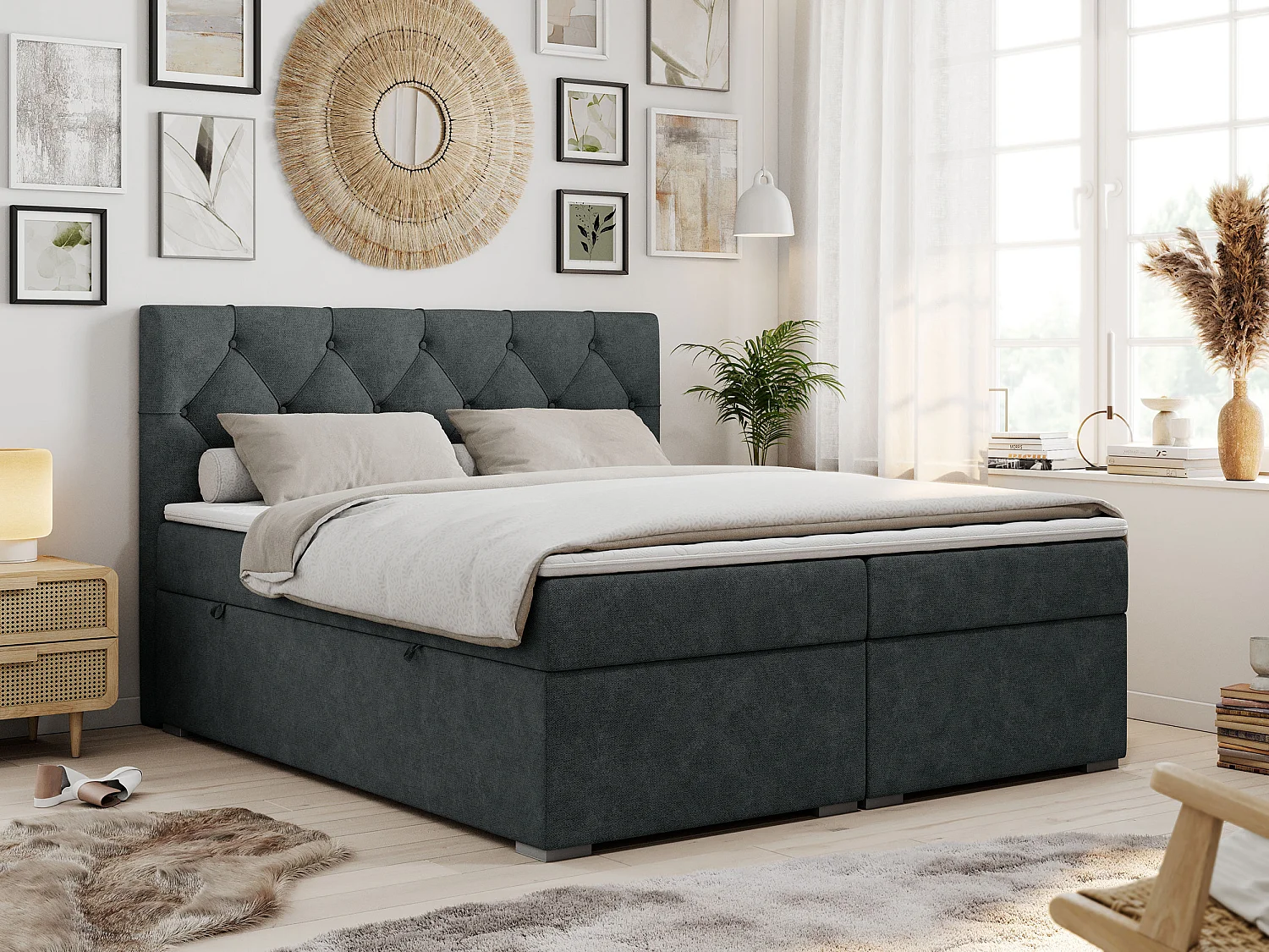 Boxspringbett ALDA - Doppelbett mit gestepptem Kopfteil, Multipocket-Matratze und Topper, zwei Bettkästen - 140x200 cm - H3 - Dunkelgrau Strukture