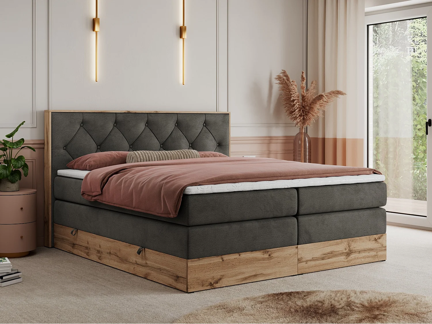 Boxspringbett VENETO KING - Polsterbett mit Multipocket-Matratzen und Kopfteil, Holzrahmen, zwei Bettkästen - 160x200 cm - H4 - Dunkelgrau Velvet