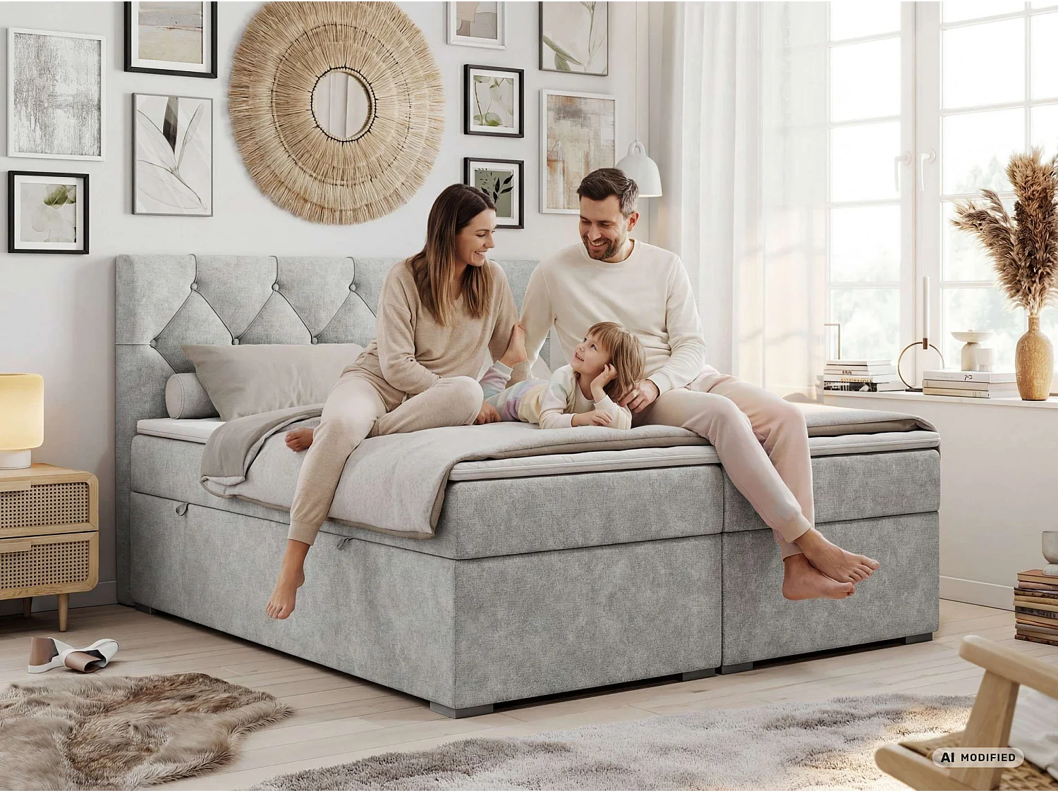 Lit boxspring avec 2 coffres - 2 matelas fermes + surmatelas mousse - Beige Velours - 200x200 - ROMA