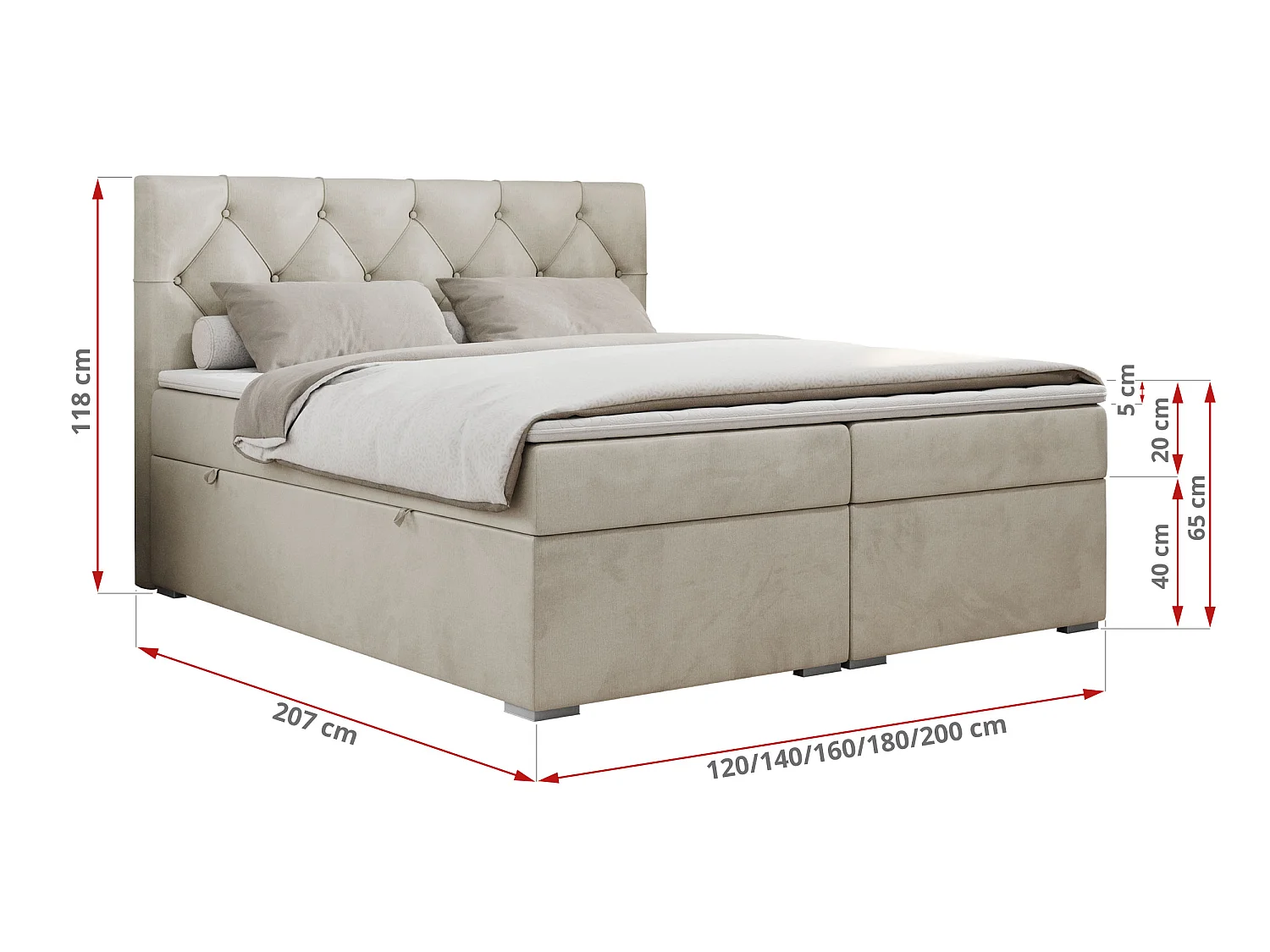 Lit boxspring avec 2 coffres - 2 matelas fermes + surmatelas mousse - Beige Velours - 200x200 - ROMA