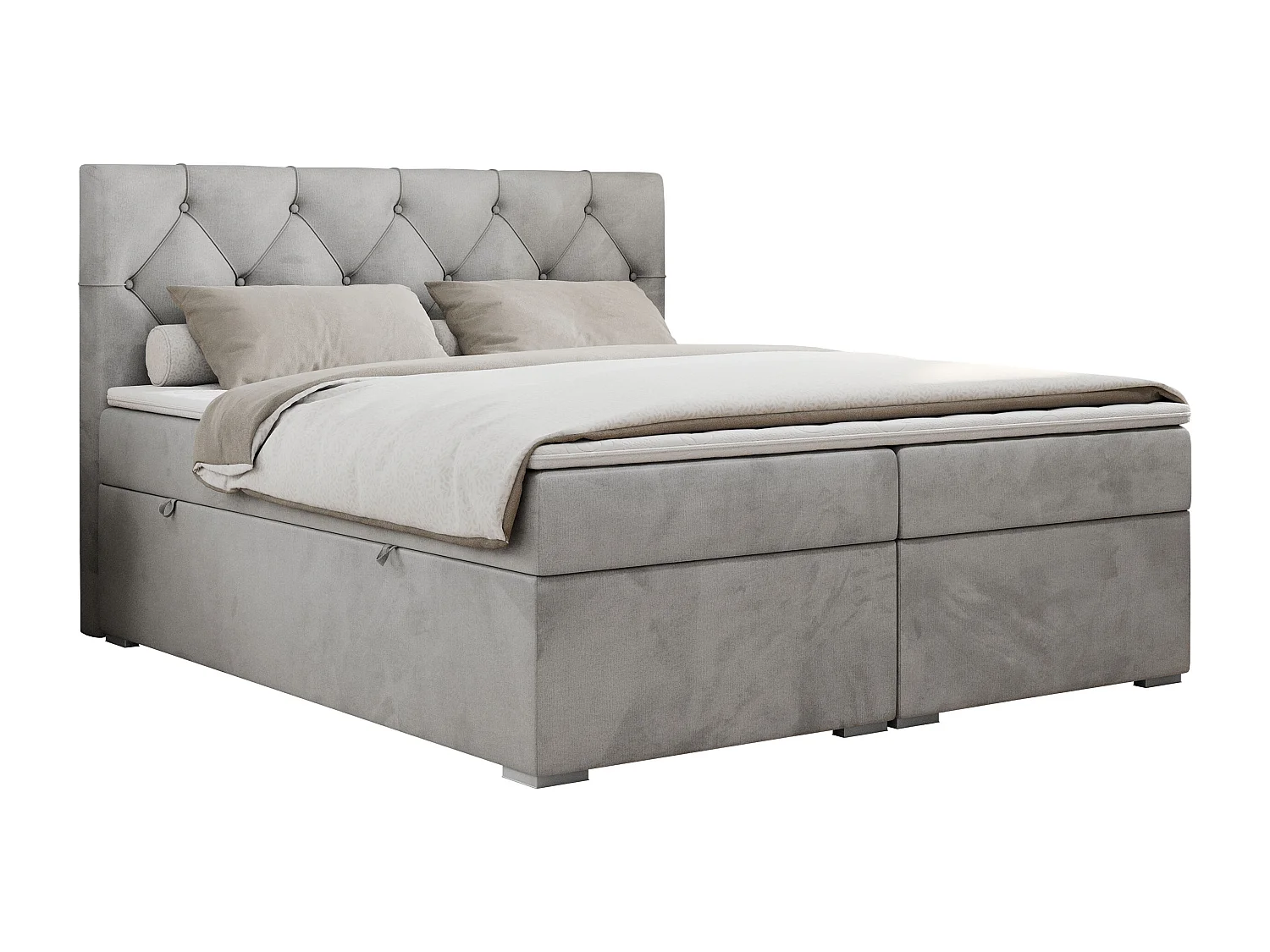 Boxspringbett ALDA - Doppelbett mit gestepptem Kopfteil, Multipocket-Matratze und Topper, zwei Bettkästen - 180x200 cm - H3 - Hellgrau Velvet