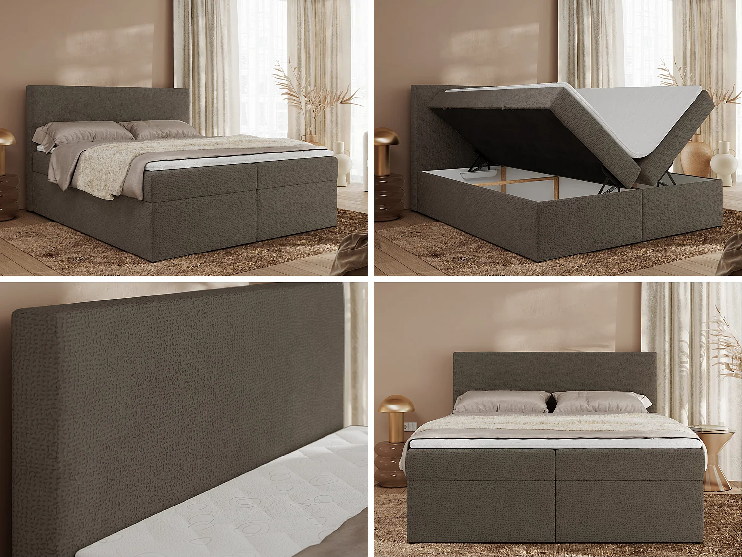 Boxspringbett JAGUAR - Doppelbett mit Multipocket-Matratze und Topper, Struktur dekostoff, zwei Bettkästen - 140x200 cm - H3 - Braun Struktur
