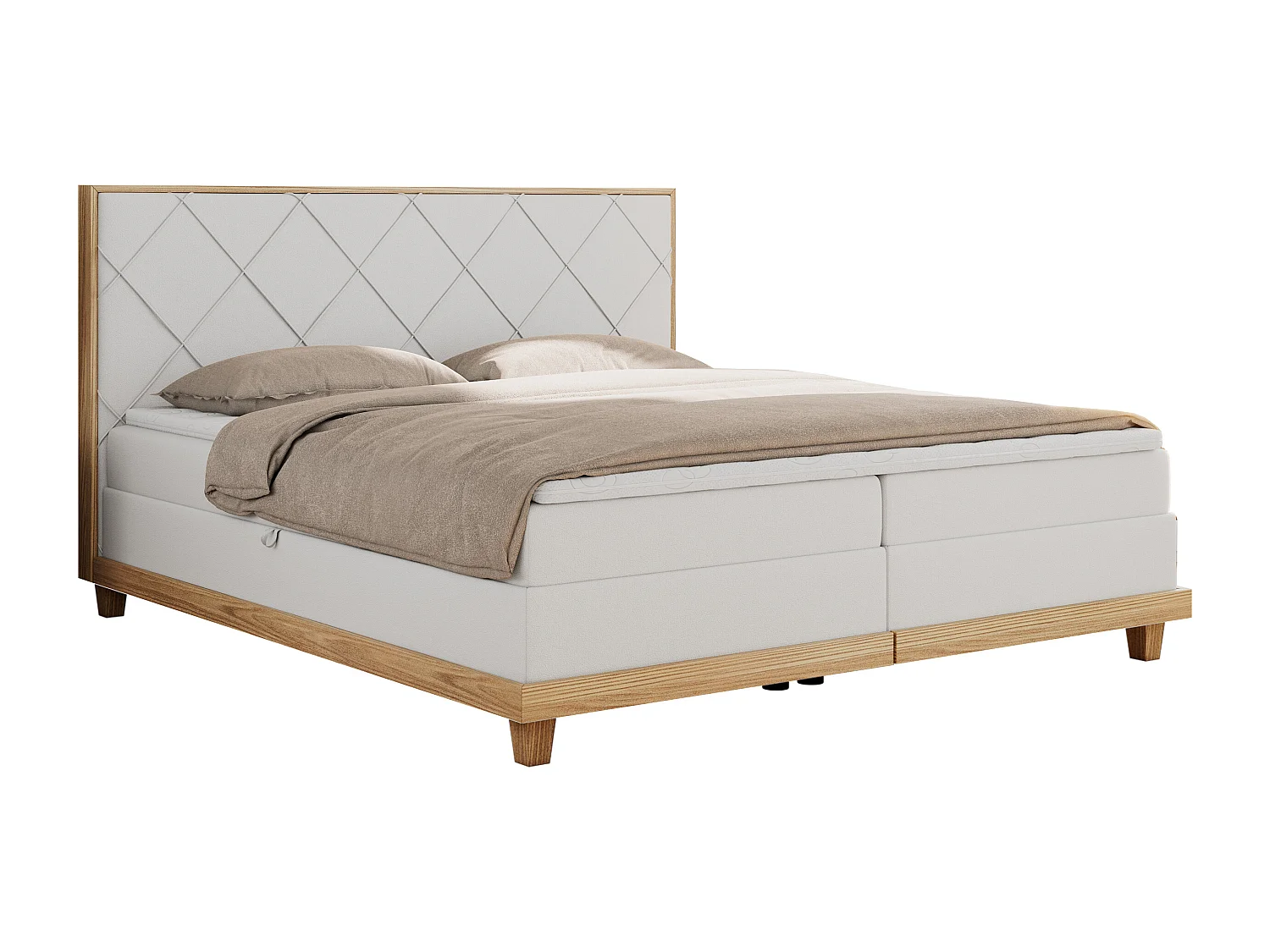 Boxspringbett CAICOS - mit gestepptem Kopfteil, Multipocket-Matratze und Topper, Holzelementen - 180x200 cm - H4 - Weiß Kunstleder
