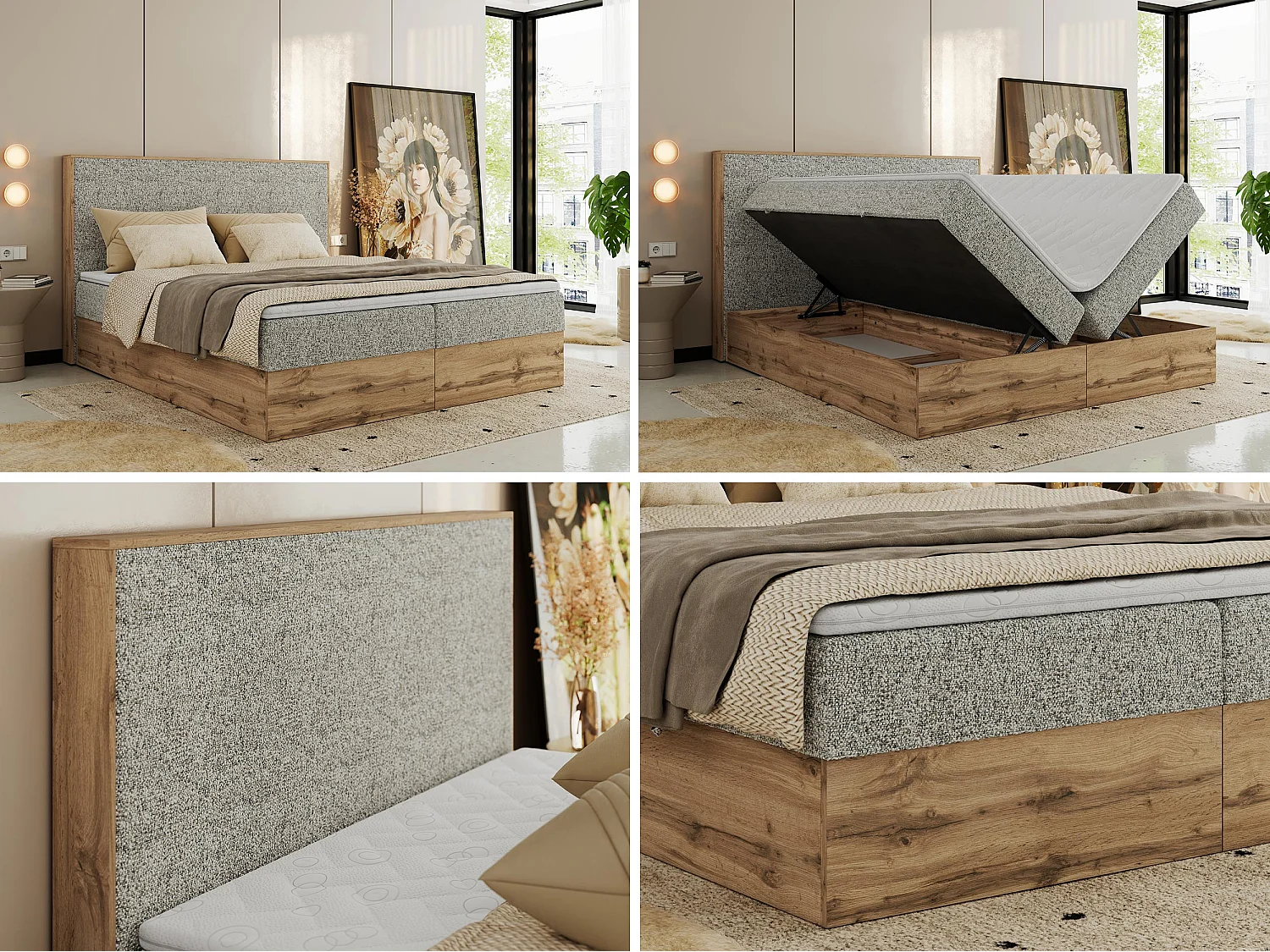 Boxspringbett WOOD CLASSIC - Doppelbett für Schlafzimmer, Set mit Multipocket-Matratze, Holzrahmen - 140x200 cm - H3 - Beige Strukture