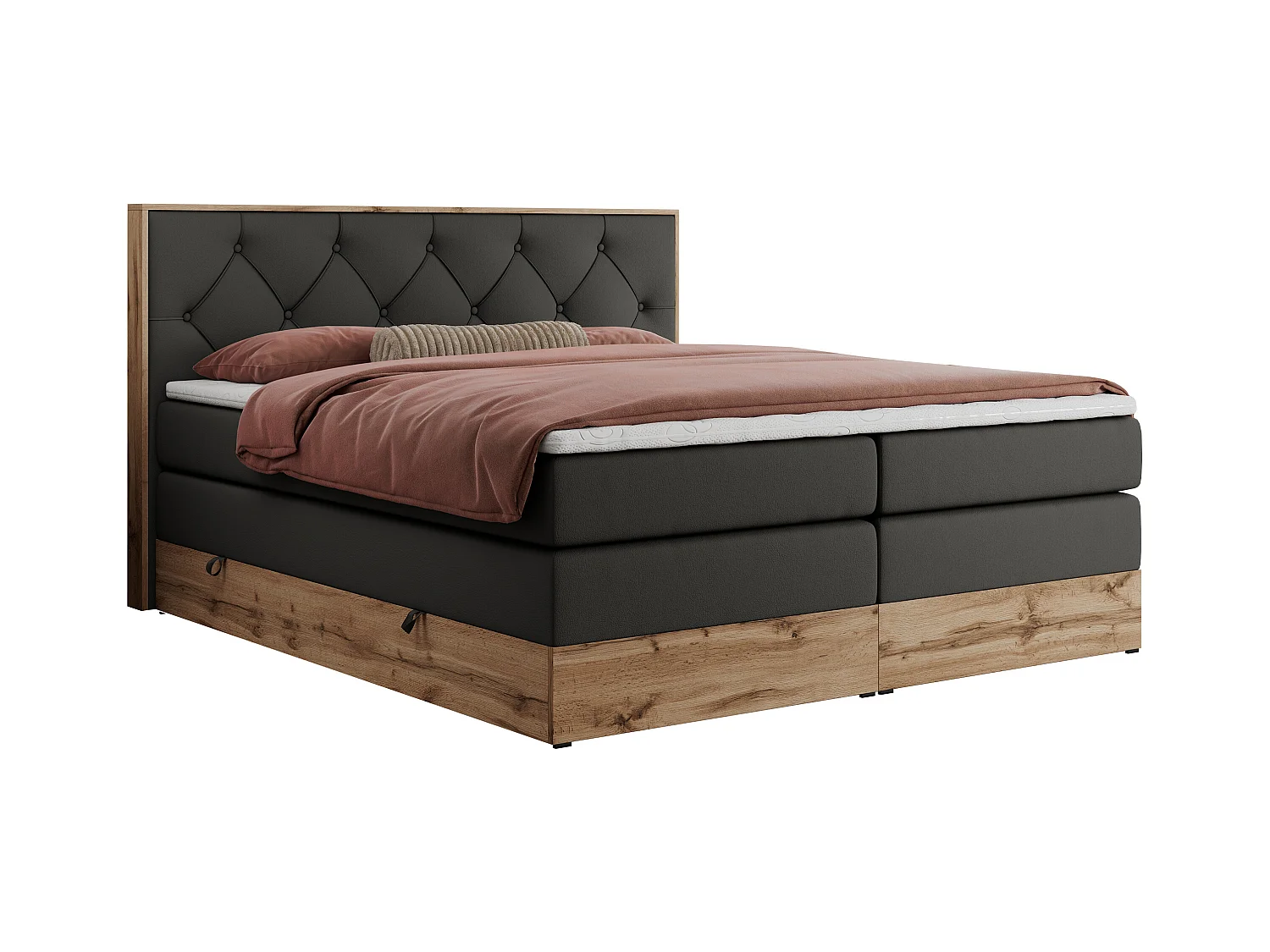 Boxspringbett VENETO KING - Polsterbett mit Multipocket-Matratzen und Kopfteil, Holzrahmen, zwei Bettkästen - 200x200 cm - H3 - Dunkelgrau Kunstleder