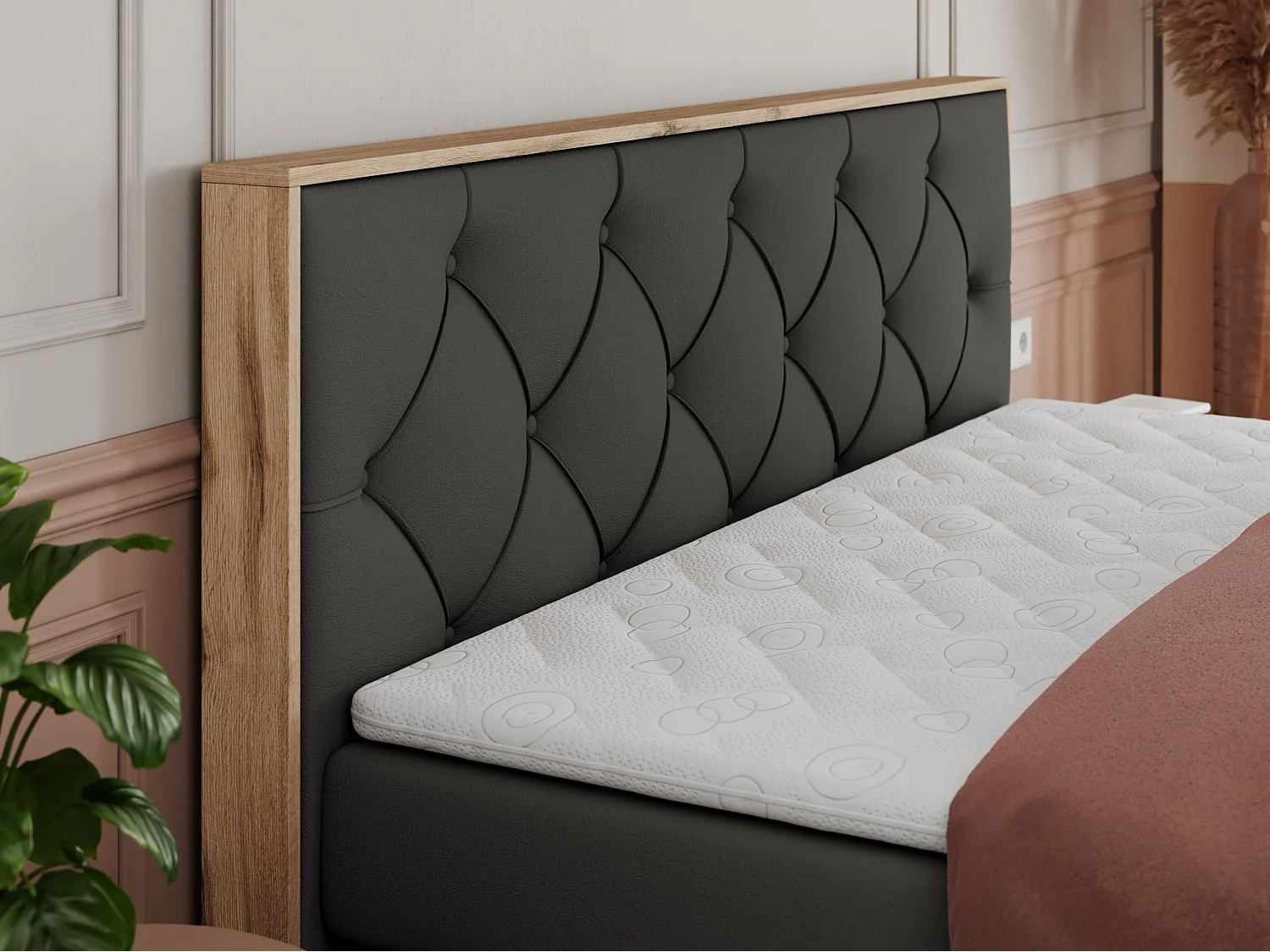 Boxspringbett VENETO KING - Polsterbett mit Multipocket-Matratzen und Kopfteil, Holzrahmen, zwei Bettkästen - 200x200 cm - H3 - Dunkelgrau Kunstleder