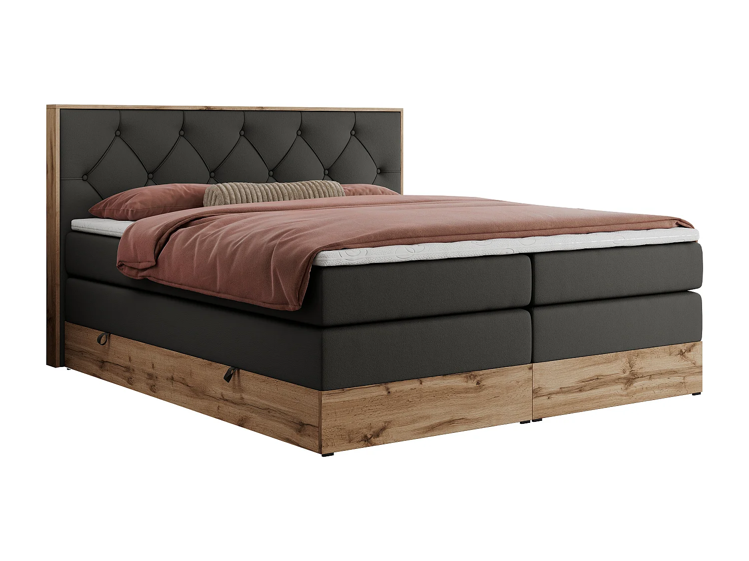 Boxspringbett VENETO KING - Polsterbett mit Multipocket-Matratzen und Kopfteil, Holzrahmen, zwei Bettkästen - 200x200 cm - H3 - Dunkelgrau Kunstleder
