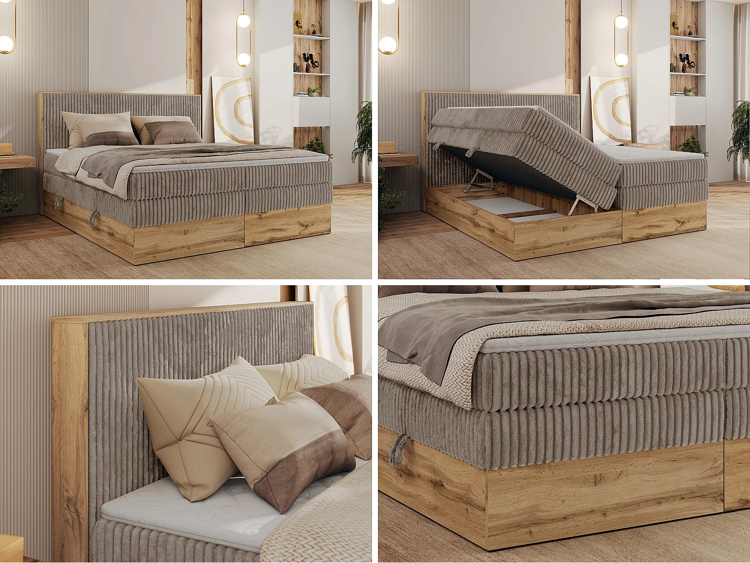 Boxspringbett WOOD CLASSIC KING - Polsterbett mit hohe Kopfteil, zwei Multipocket-Matratze, Bettkästen - 140x200 cm - H4 - Hellbraun Cord