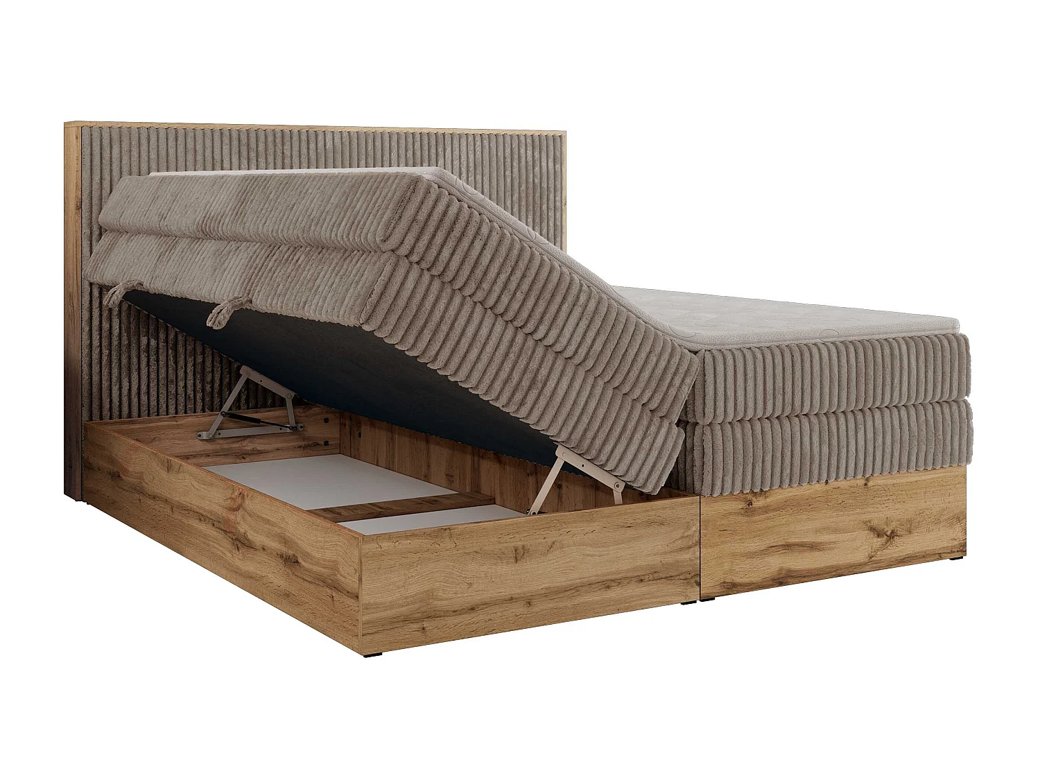 Boxspringbett WOOD CLASSIC KING - Polsterbett mit hohe Kopfteil, zwei Multipocket-Matratze, Bettkästen - 140x200 cm - H4 - Hellbraun Cord