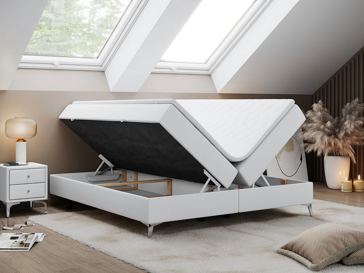 Boxspringbett LESS - Doppelbett mit zwei Bettkästen, 7 Härtezonen Multipocket-Matratzen, hohe Metallbeine - 160x200 cm - H4 - Weiß Kunstleder