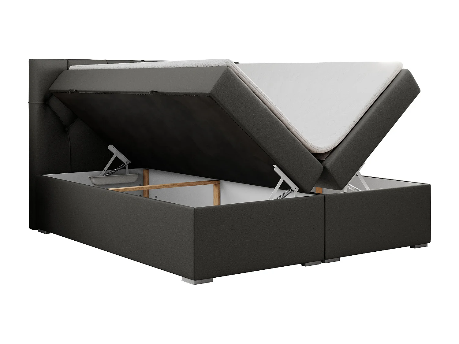 Boxspringbett ALDA - Doppelbett mit gestepptem Kopfteil, Multipocket-Matratze und Topper, zwei Bettkästen - 160x200 cm - H3 - Dunkelgrau Kunstleder