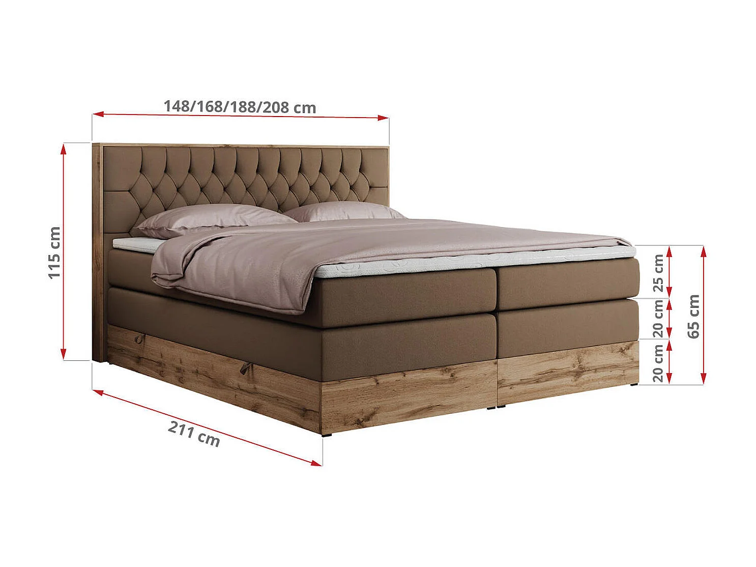 Boxspringbett AMORE KING - gesteppte Kopfstütze, Polsterbett mit zwei Multipocket-Matratzen, Holzrahmen - 140x200 cm - H3 - Braun Kunstleder