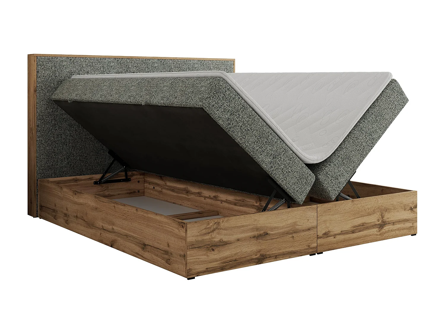 Boxspringbett WOOD CLASSIC - Doppelbett für Schlafzimmer, Set mit Multipocket-Matratze, Holzrahmen - 200x200 cm - H4 - Grau Strukture