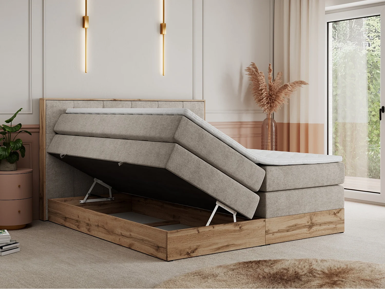 Boxspringbett VENETO KING - Polsterbett mit Multipocket-Matratzen und Kopfteil, Holzrahmen, zwei Bettkästen - 140x200 cm - H3 - Beige Strukture