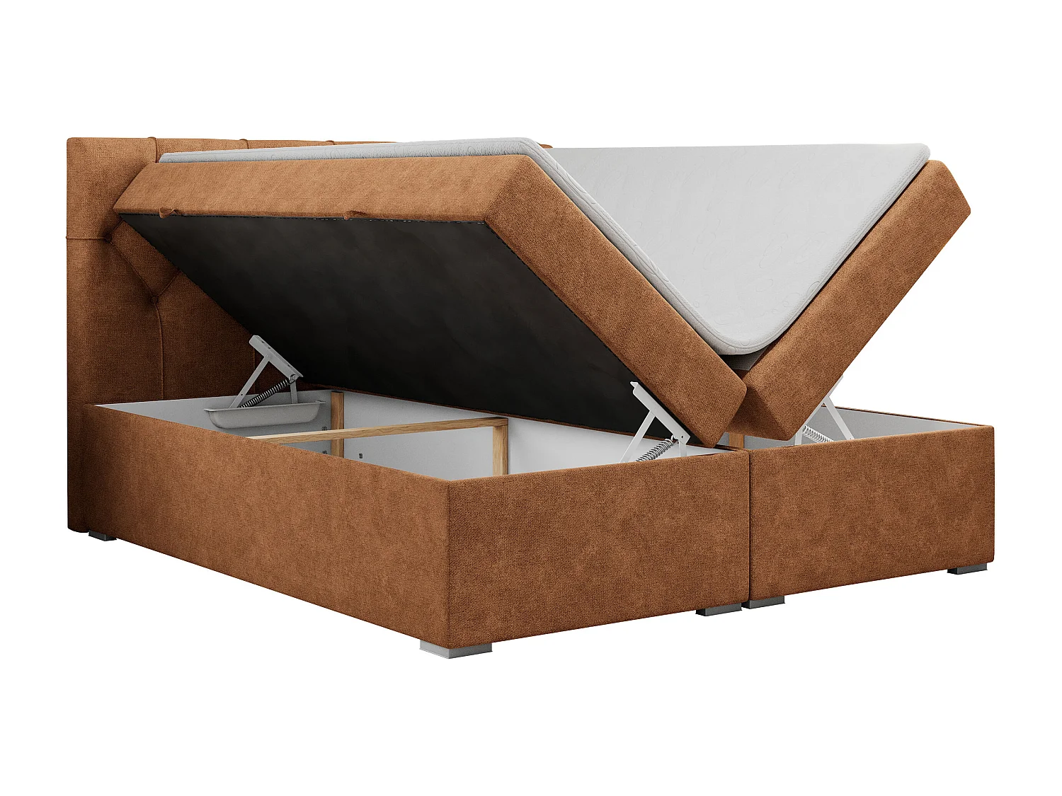 Boxspringbett ALDA - Doppelbett mit gestepptem Kopfteil, Multipocket-Matratze und Topper, zwei Bettkästen - 160x200 cm - H3 - Orange Strukture