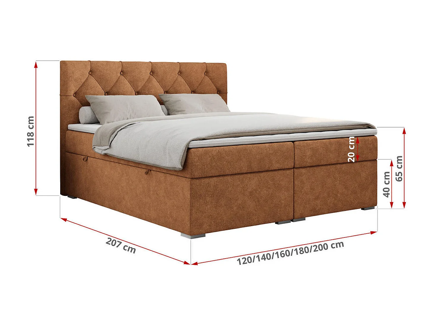 Boxspringbett ALDA - Doppelbett mit gestepptem Kopfteil, Multipocket-Matratze und Topper, zwei Bettkästen - 160x200 cm - H3 - Orange Strukture