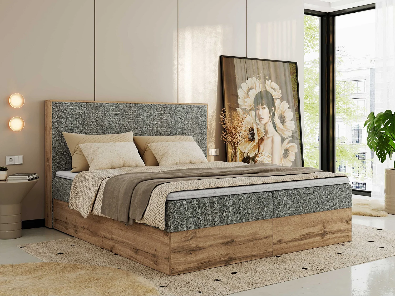 Boxspringbett WOOD CLASSIC - Doppelbett für Schlafzimmer, Set mit Multipocket-Matratze, Holzrahmen - 180x200 cm - H3 - Grau Strukture