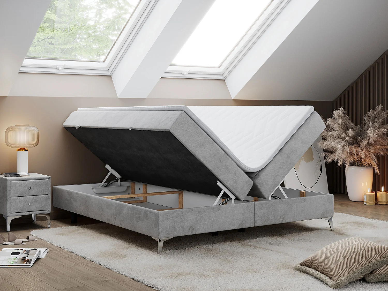 Boxspringbett LESS - Doppelbett mit zwei Bettkästen, 7 Härtezonen Multipocket-Matratzen, hohe Metallbeine - 180x200 cm - H4 - Hellgrau Velvet