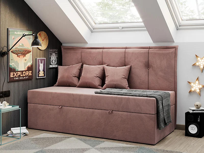 Kinderbett BANCO - Einzelbett für Jugendliche, Set mit Kopfteil und Matratze, Boxspringbett, Bettkasten - 90x200 cm - Rosa Velvet