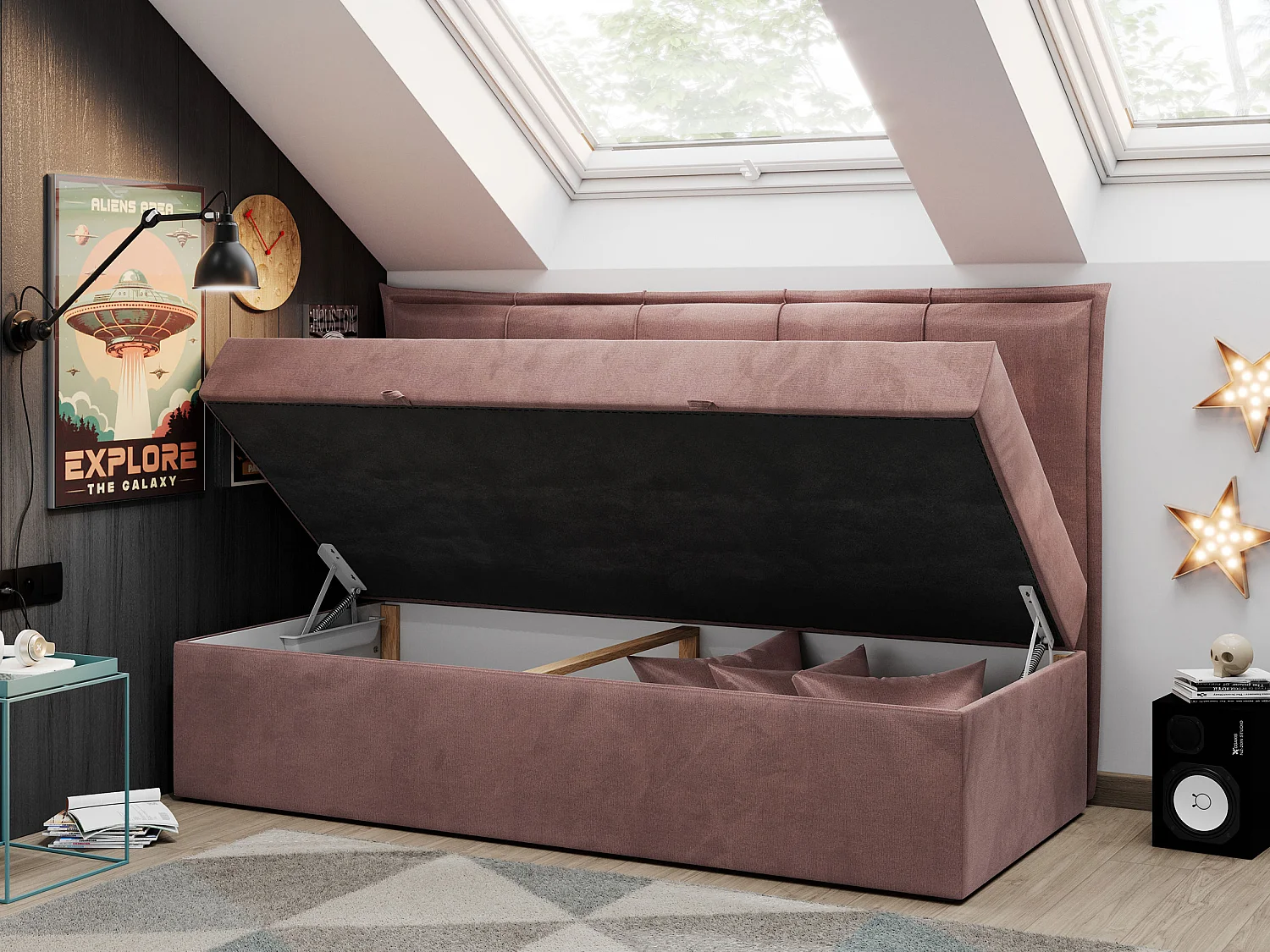 Kinderbett BANCO - Einzelbett für Jugendliche, Set mit Kopfteil und Matratze, Boxspringbett, Bettkasten - 90x200 cm - Rosa Velvet