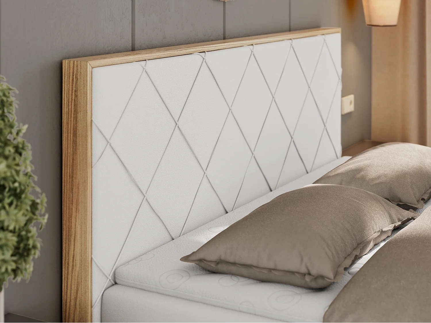 Boxspringbett CAICOS - mit gestepptem Kopfteil, Multipocket-Matratze und Topper, Holzelementen - 140x200 cm - H4 - Weiß Kunstleder